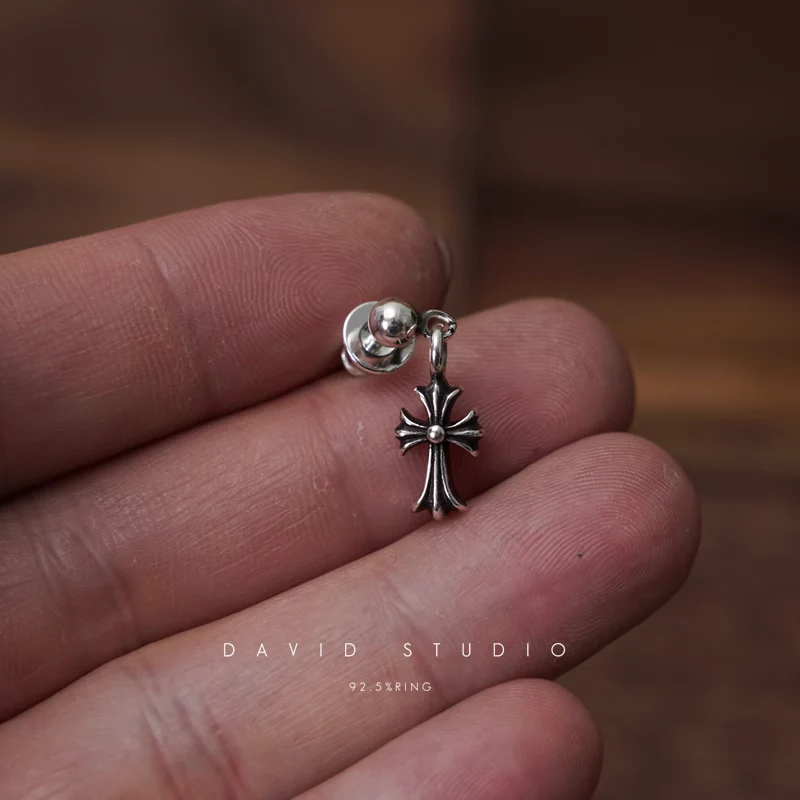 CHROME HEARTS TINY E CROSS DROP EARRINGS
