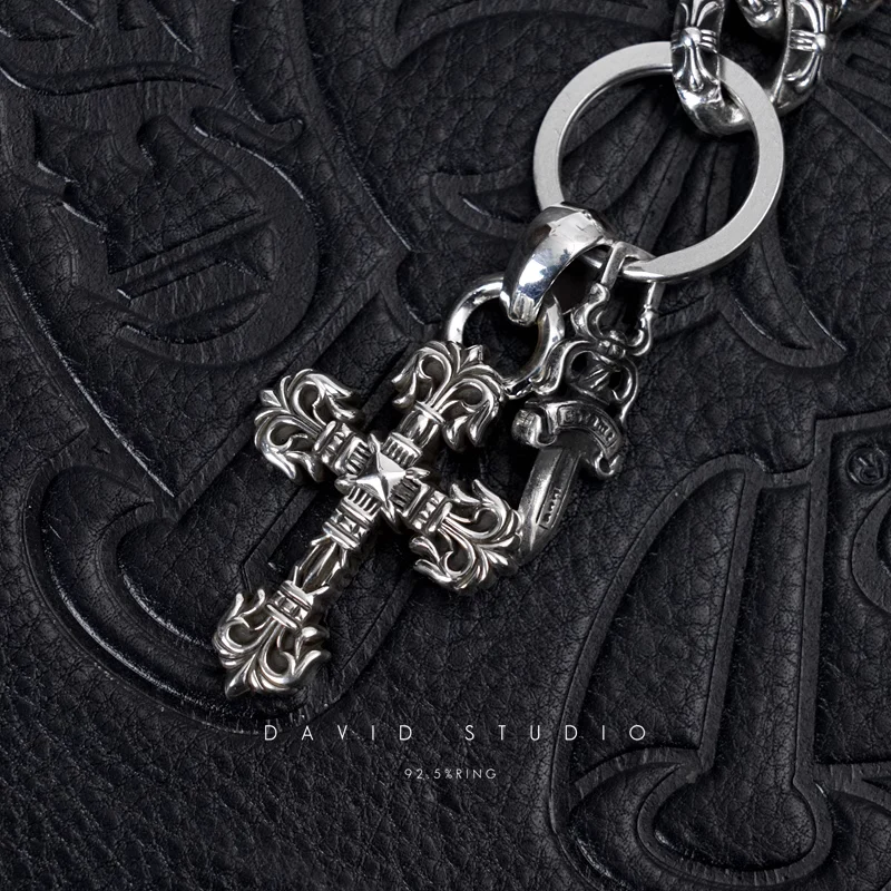 CHROME HEARTS FANCY LINK KEY CHAIN WITH XS FILIGREE CROSS AND DAGGER KEY RING