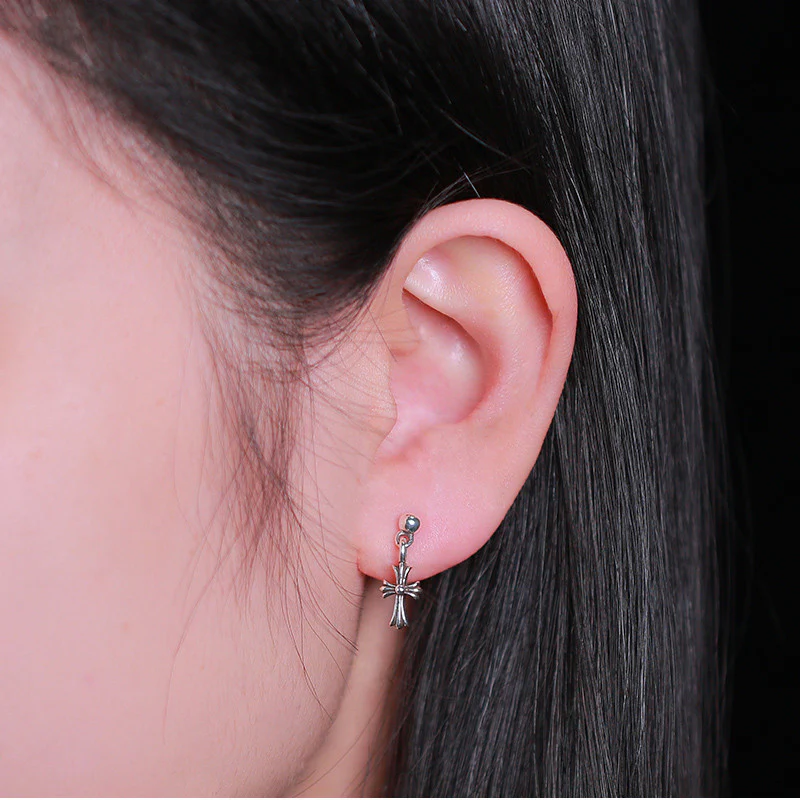 CHROME HEARTS TINY E CROSS DROP EARRINGS