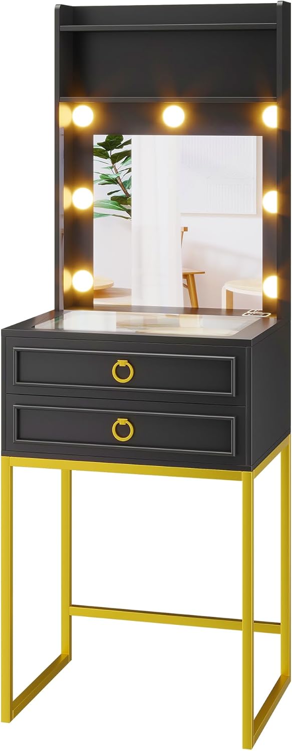 LVSOMT Small Makeup Vanity with Glass Top, White Vanity Desk with Lighted Mirror and Lights, Mini Makeup Table with Motion Sensor, Corner Dressing Table for Bedroom, Apartment