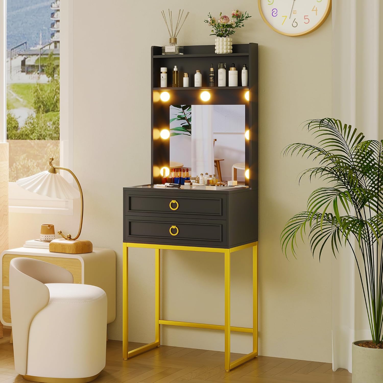 LVSOMT Small Makeup Vanity with Glass Top, White Vanity Desk with Lighted Mirror and Lights, Mini Makeup Table with Motion Sensor, Corner Dressing Table for Bedroom, Apartment