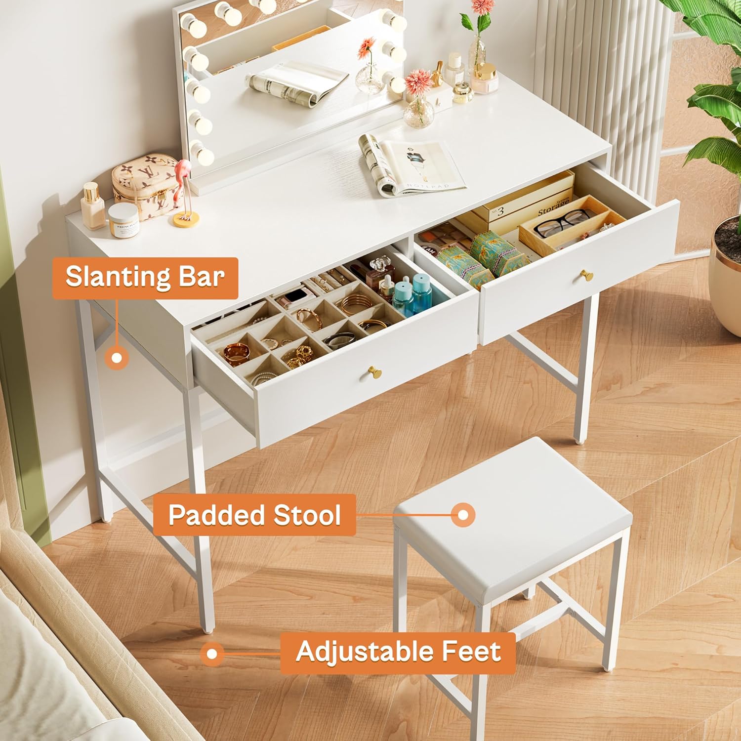 SUPERJARE 35.4 White and Gold Desk with 2 Drawers, Modern Makeup Vanity Desk with Padded Stool, Small Computer Desk Home Office Desk for Writing Study Bedroom