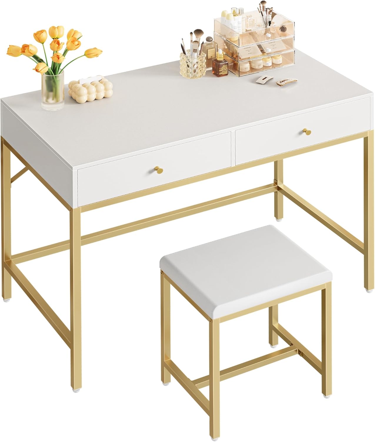 SUPERJARE 35.4 White and Gold Desk with 2 Drawers, Modern Makeup Vanity Desk with Padded Stool, Small Computer Desk Home Office Desk for Writing Study Bedroom