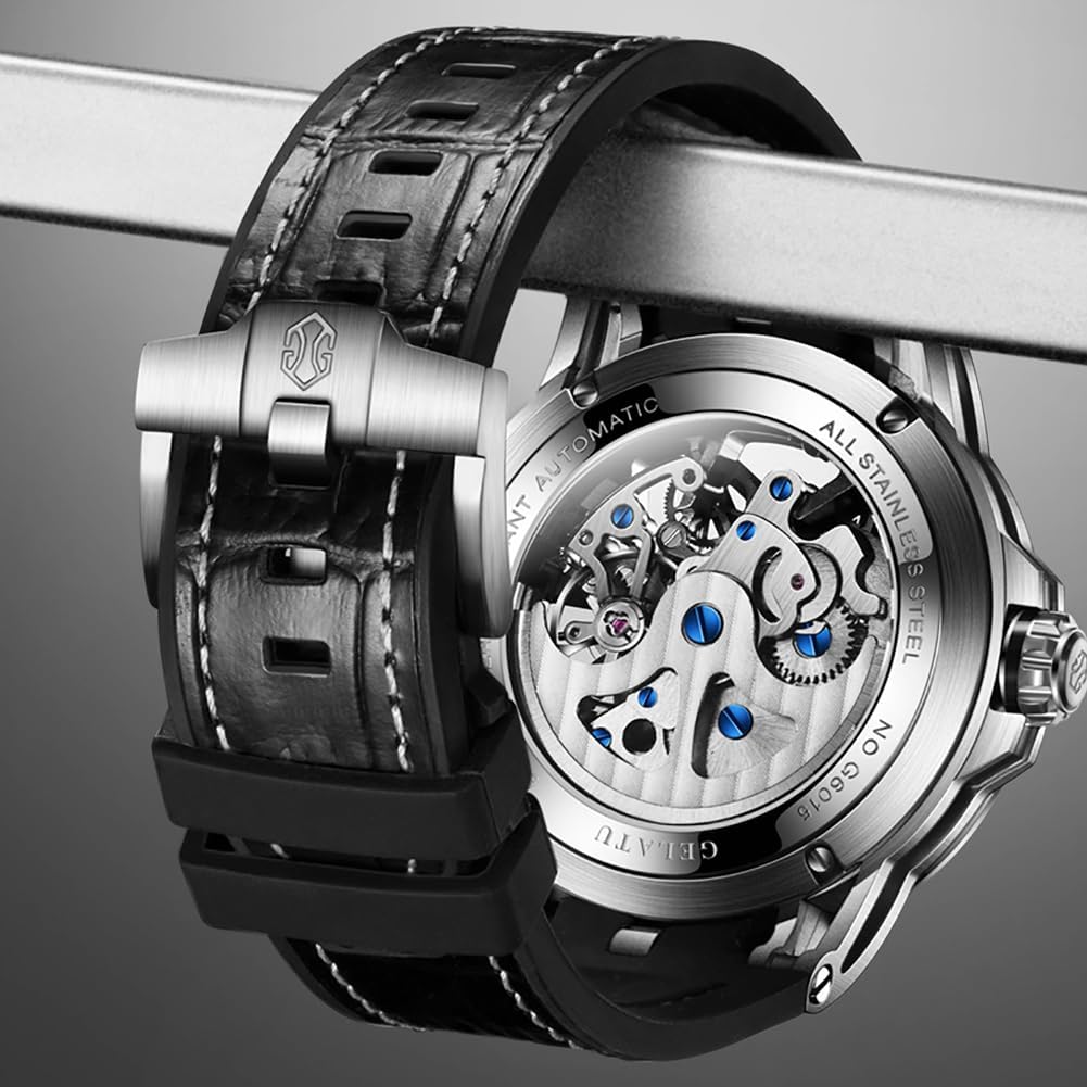 OUPINKE Skeleton Mens Watches Automatic Mechanical Luxury Watch Sapphire Crystal Leather Band Waterproof Luminous Wristwatch