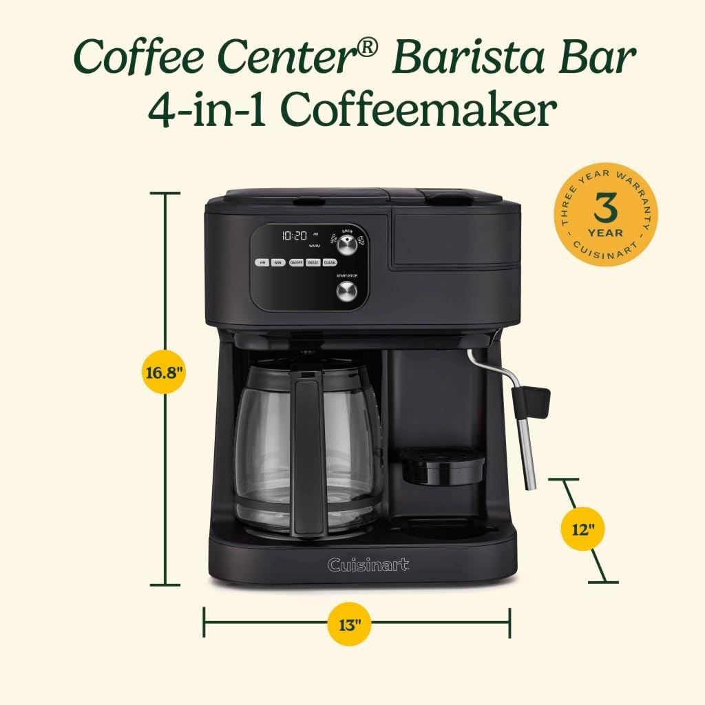 Cuisinart Coffeemaker, Coffee Center Barista Bar 4-In-1 Coffee Machine, Single-Serve Coffee, Espresso & Nespresso Capsule Compatible, 12-Cup Carafe, Black, SS-4N1