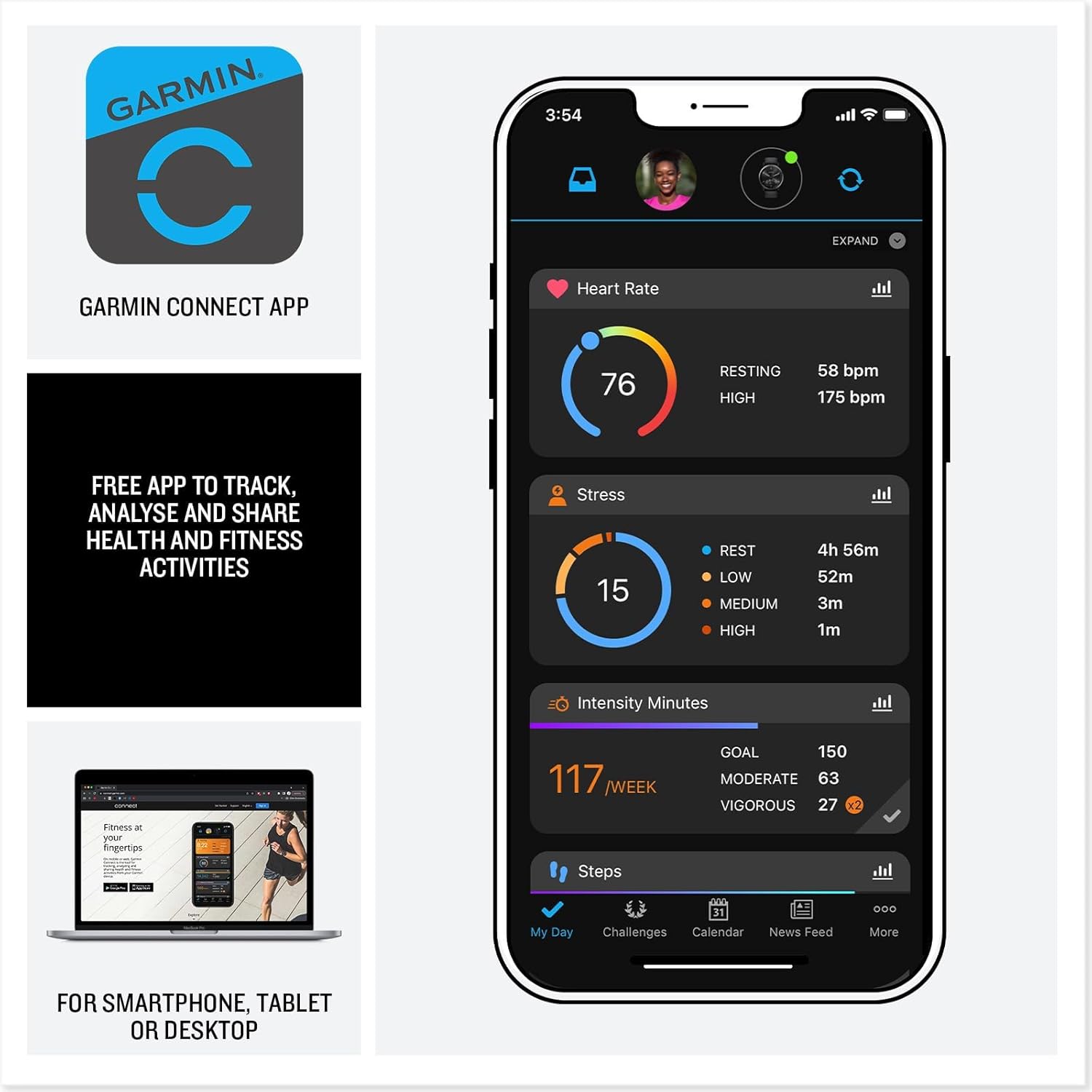 Garmin Venu 3 Slate Stainless Steel Bezel 1.4-Inch AMOLED Touchscreen Display Smart Watch with 45mm Black Case and Silicone Band