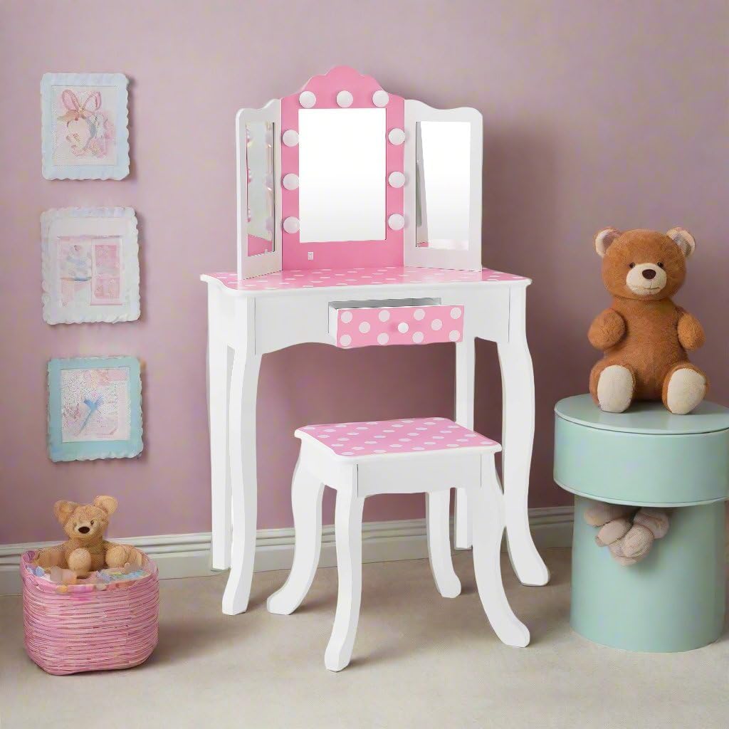 Teamson Kids Pretend Play Kids Vanity, Table & Chair Vanity Set with Mirror, Girls Makeup Dressing Table with Storage Drawer & Polka Dot Print, Gisele Collection, Pink/Gold