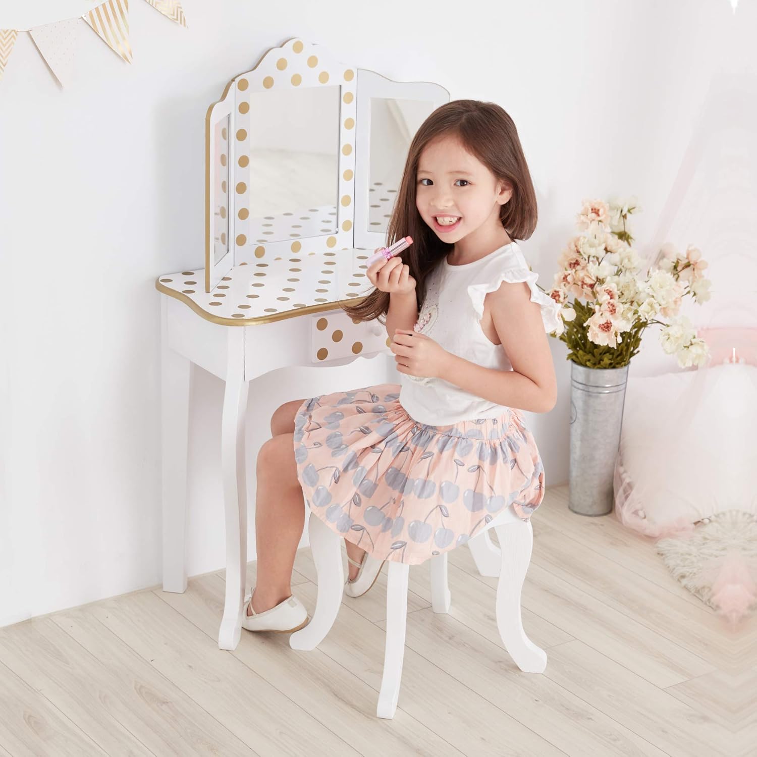 Teamson Kids Pretend Play Kids Vanity, Table & Chair Vanity Set with Mirror, Girls Makeup Dressing Table with Storage Drawer & Polka Dot Print, Gisele Collection, Pink/Gold