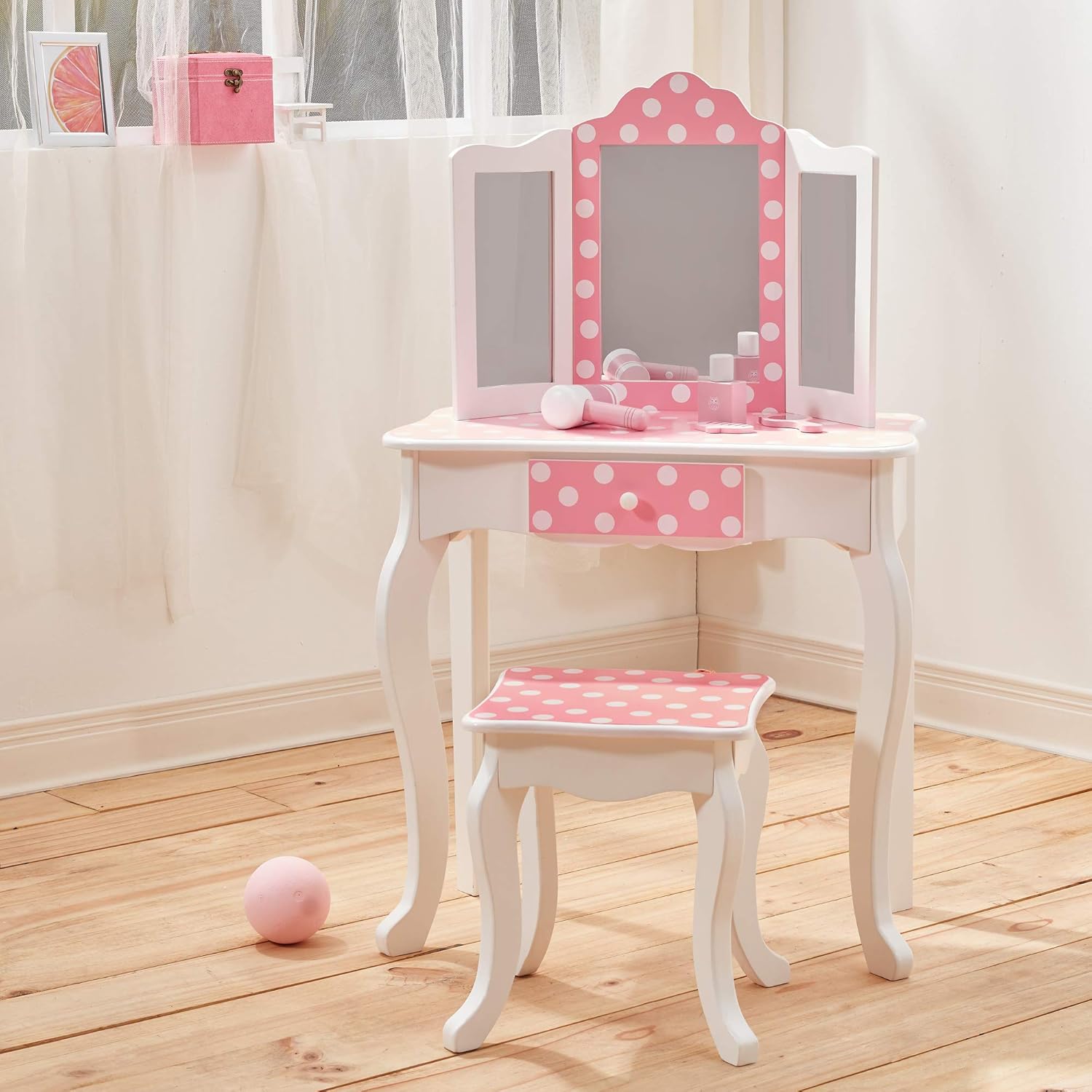 Teamson Kids Pretend Play Kids Vanity, Table & Chair Vanity Set with Mirror, Girls Makeup Dressing Table with Storage Drawer & Polka Dot Print, Gisele Collection, Pink/Gold
