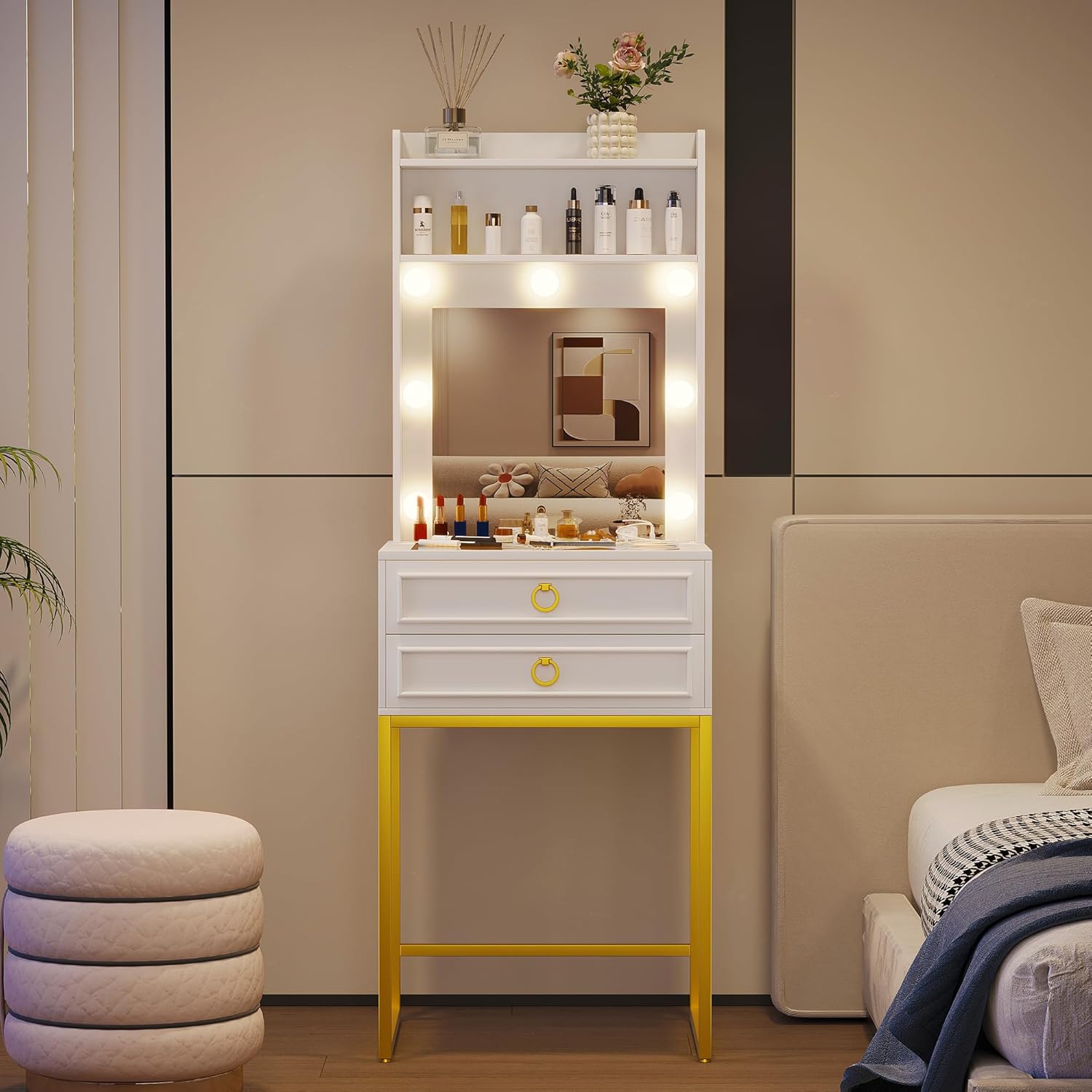 LVSOMT Small Makeup Vanity with Glass Top, White Vanity Desk with Lighted Mirror and Lights, Mini Makeup Table with Motion Sensor, Corner Dressing Table for Bedroom, Apartment