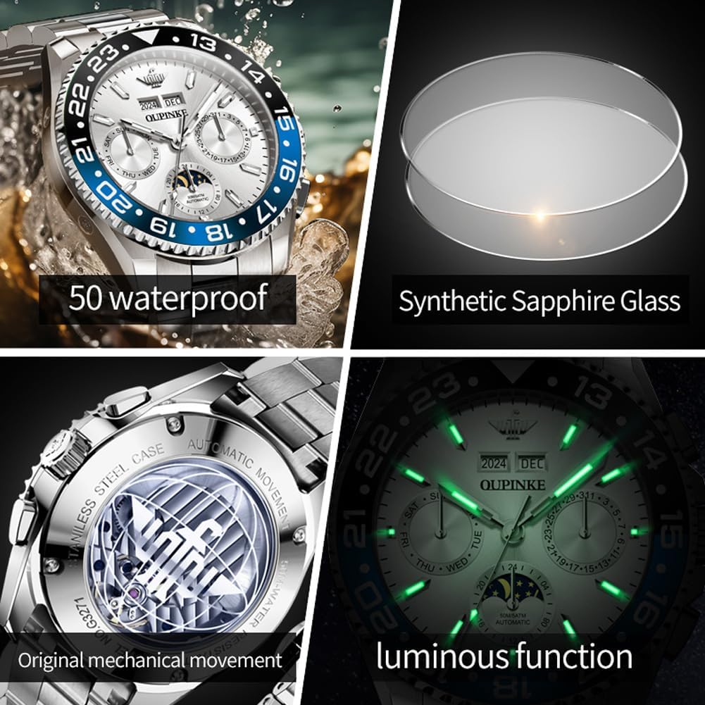 OUPINKE Men's Automatic Watch Self Winding Mechanical Luxury Wrist Watch Sapphire Crystal Tungsten Steel