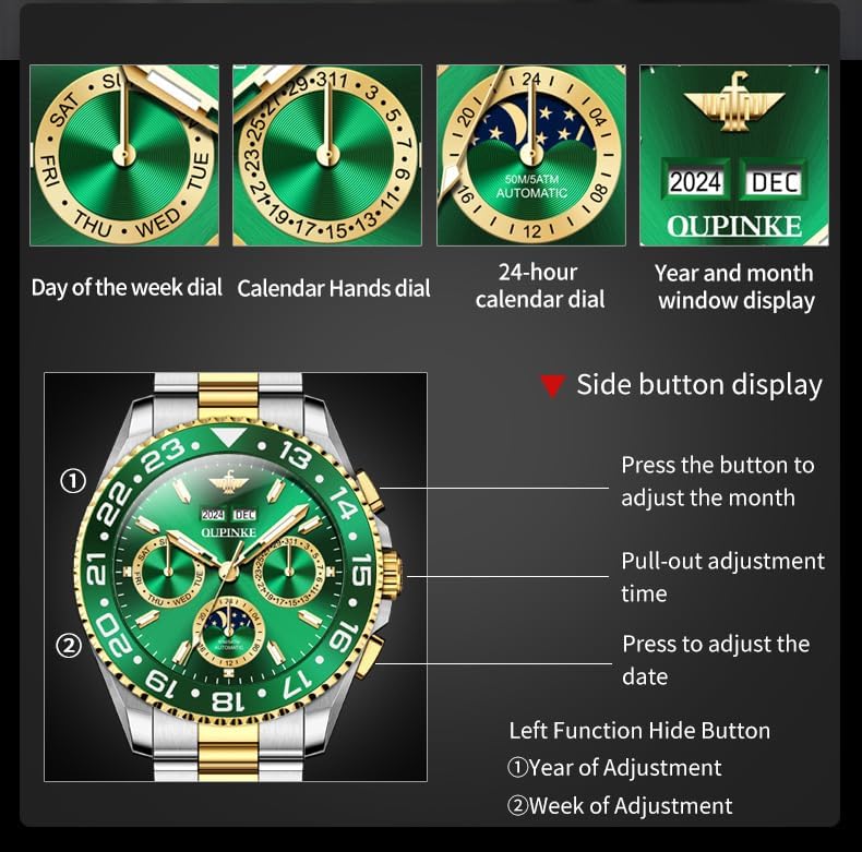 OUPINKE Men's Automatic Watch Self Winding Mechanical Luxury Wrist Watch Sapphire Crystal Tungsten Steel