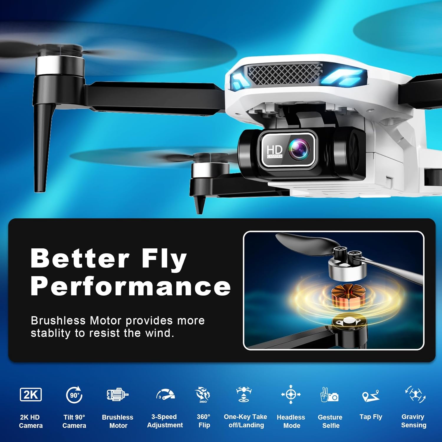 Dron con cámara, 2K FPV Drone con motor sin escobillas, retención de altitud, selfie gesto, despegue/aterrizaje con una tecla, giros 3D, vuelo de punto de referencia, 2 baterías, mini drones plegables