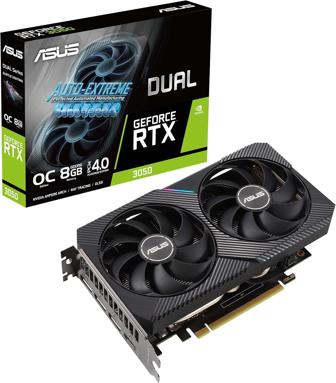 ASUS Dual NVIDIA GeForce RTX 3050 6GB OC Edition Gaming Graphics Card - PCIe 4.0, 6GB GDDR6 Memory, HDMI 2.1, DisplayPort 1.4a, 2-Slot Design, Axial-tech Fan Design, 0dB Technology, Steel Bracket