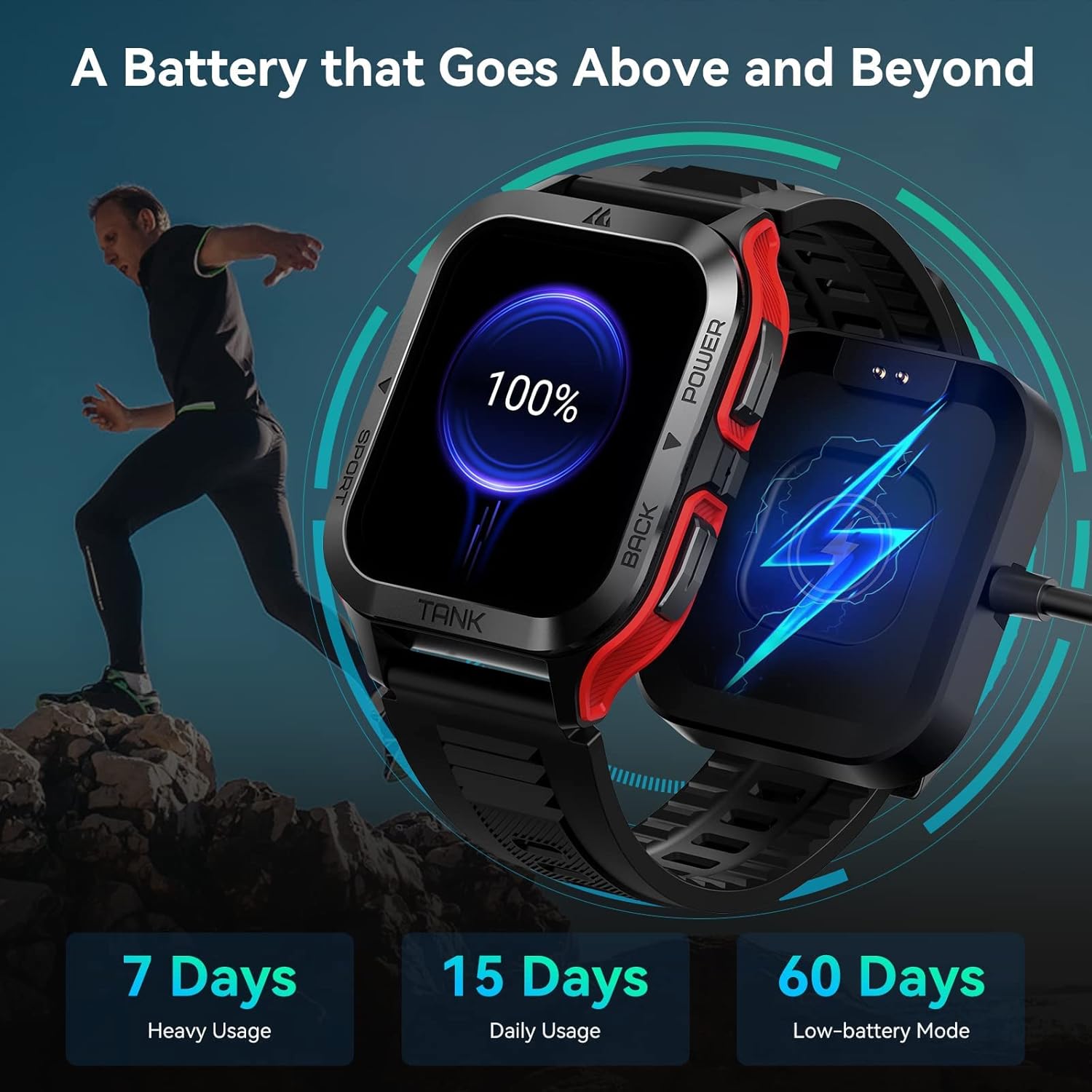 AMAZTIM Smart Watch, 60 Days Extra-Long Battery, 50M Waterproof, Rugged Military Bluetooth Call(Answer/Dial Calls), 1.85 Ultra Large HD Display, AI Voice Assistant, Compatible for Android and iOS