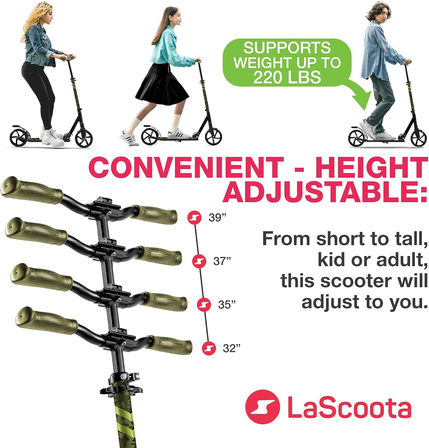 LaScoota Kick Scooter for Kids Ages 6+, Teens & Adults, Large 8 Sturdy Urethane Wheels. Adjustable Handlebar, Lightweight, Foldable, 220lbs Max Load