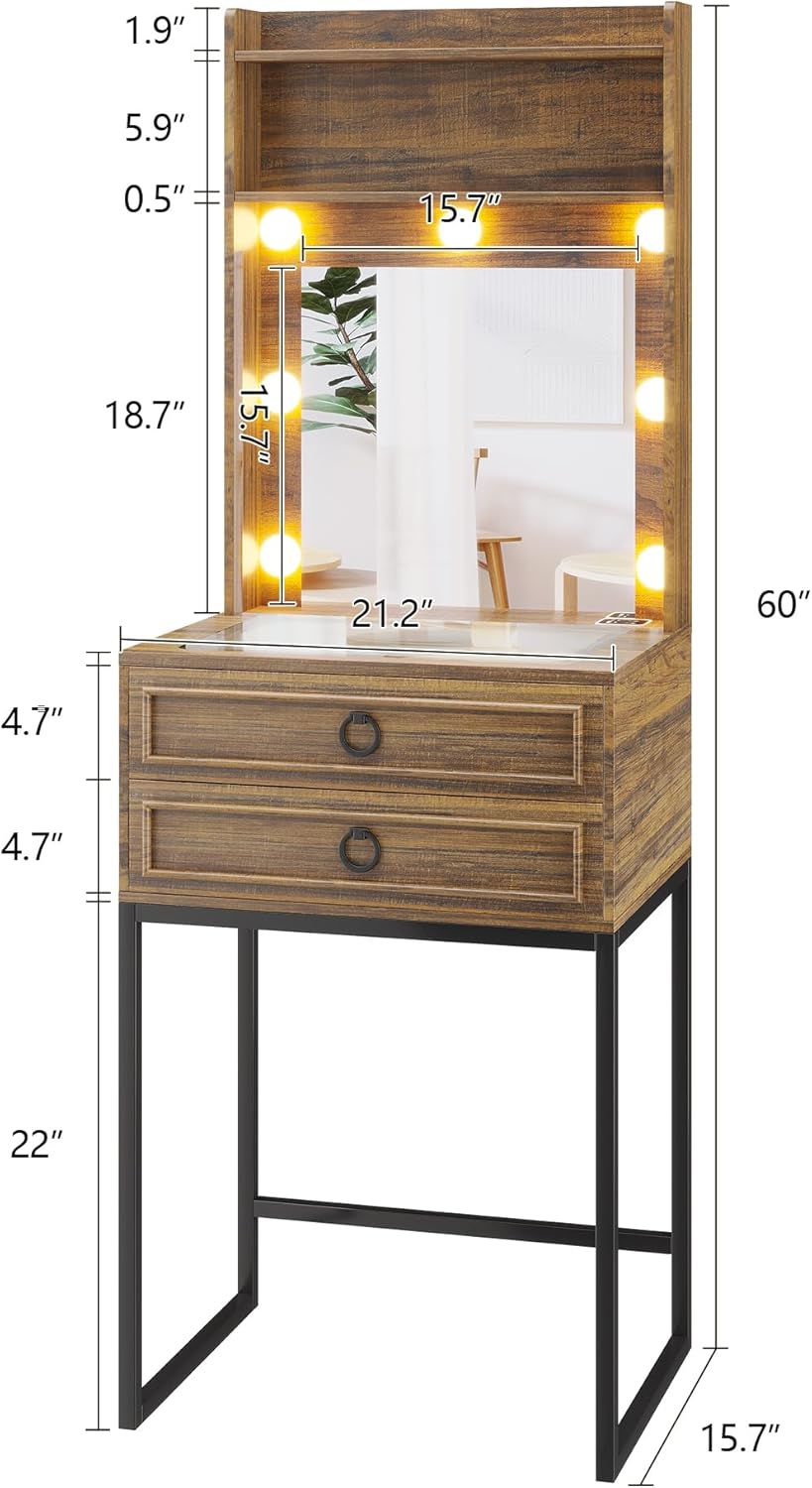 LVSOMT Small Makeup Vanity with Glass Top, White Vanity Desk with Lighted Mirror and Lights, Mini Makeup Table with Motion Sensor, Corner Dressing Table for Bedroom, Apartment