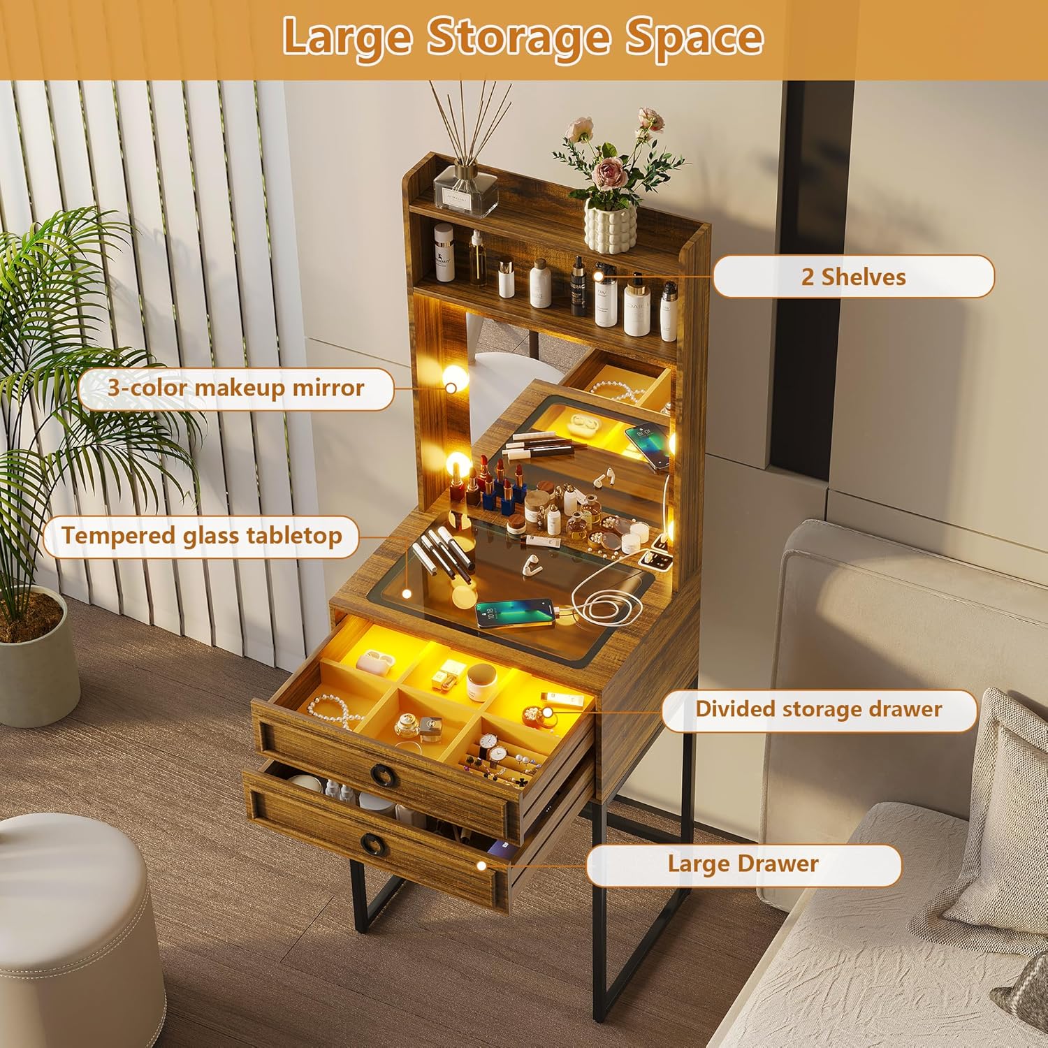 LVSOMT Small Makeup Vanity with Glass Top, White Vanity Desk with Lighted Mirror and Lights, Mini Makeup Table with Motion Sensor, Corner Dressing Table for Bedroom, Apartment