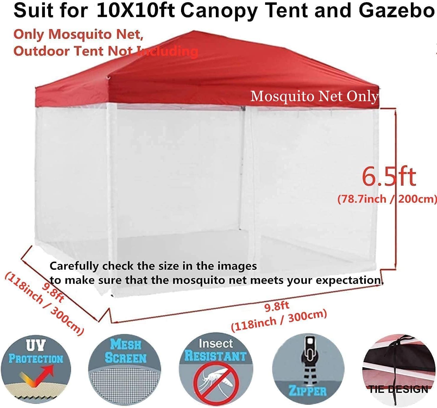 Mosquito Net with Zipper for Outdoor Camping Mosquito Net DIY Canopy Screen Wall Outdoor Mosquito Net for 10 x 10 Patio Gazebo and Tent