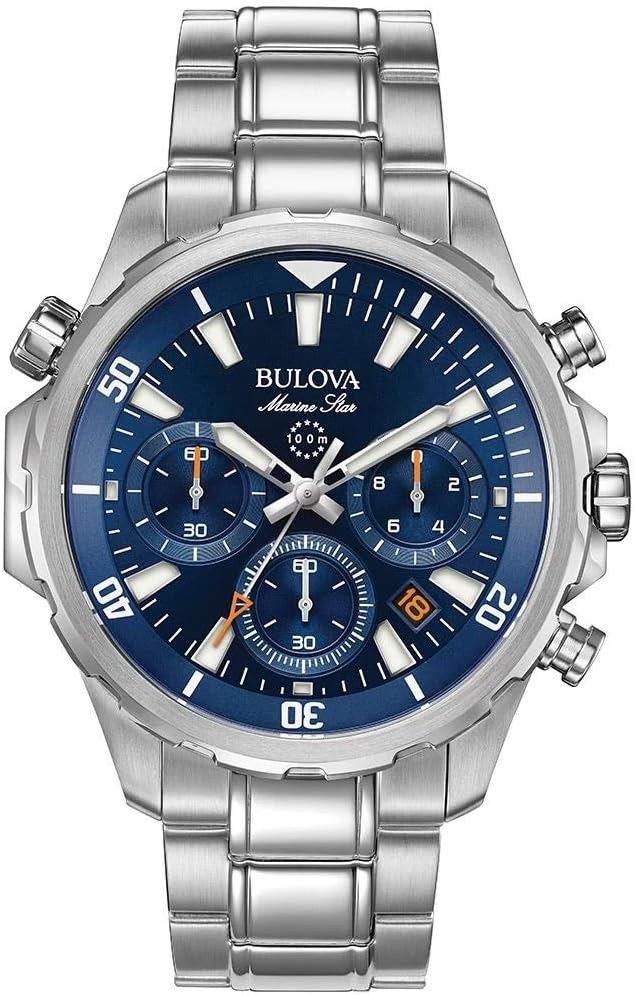 Bulova Men's Marine Star Series B Stainless Steel 6-Hand Chronograph Quartz Watch, Blue Dial Style: 96B256