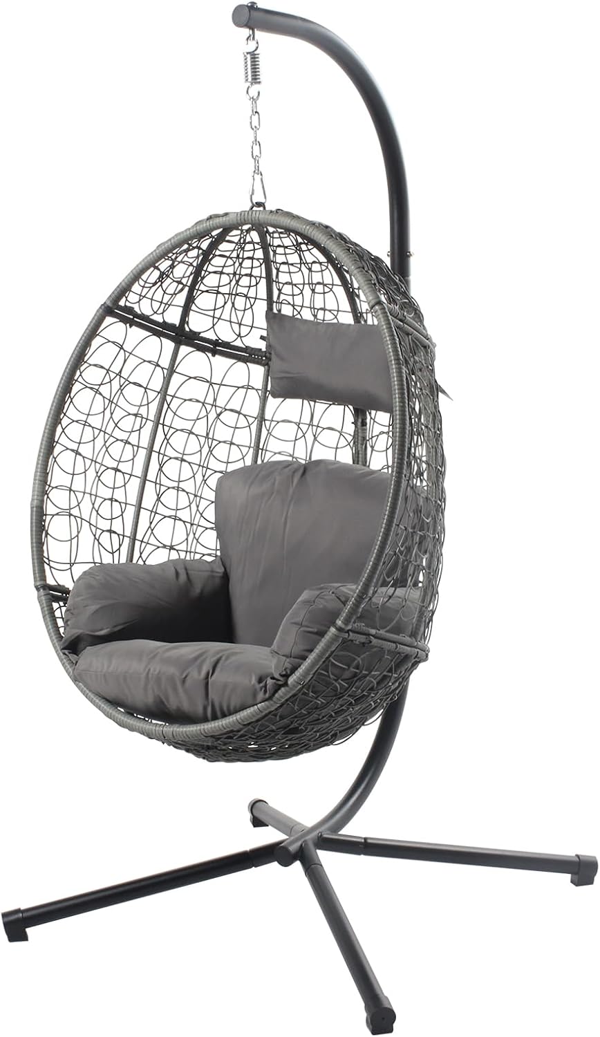 VARVIND Wicker Patio Hammock Swing Chair with Stand & Leg Rest for Indoor Outdoor, Hanging Egg Chair with UV Resistant Detachable Seat Cushion for Balcony, Bedroom, Garden,350Lbs Capacity(Beige)