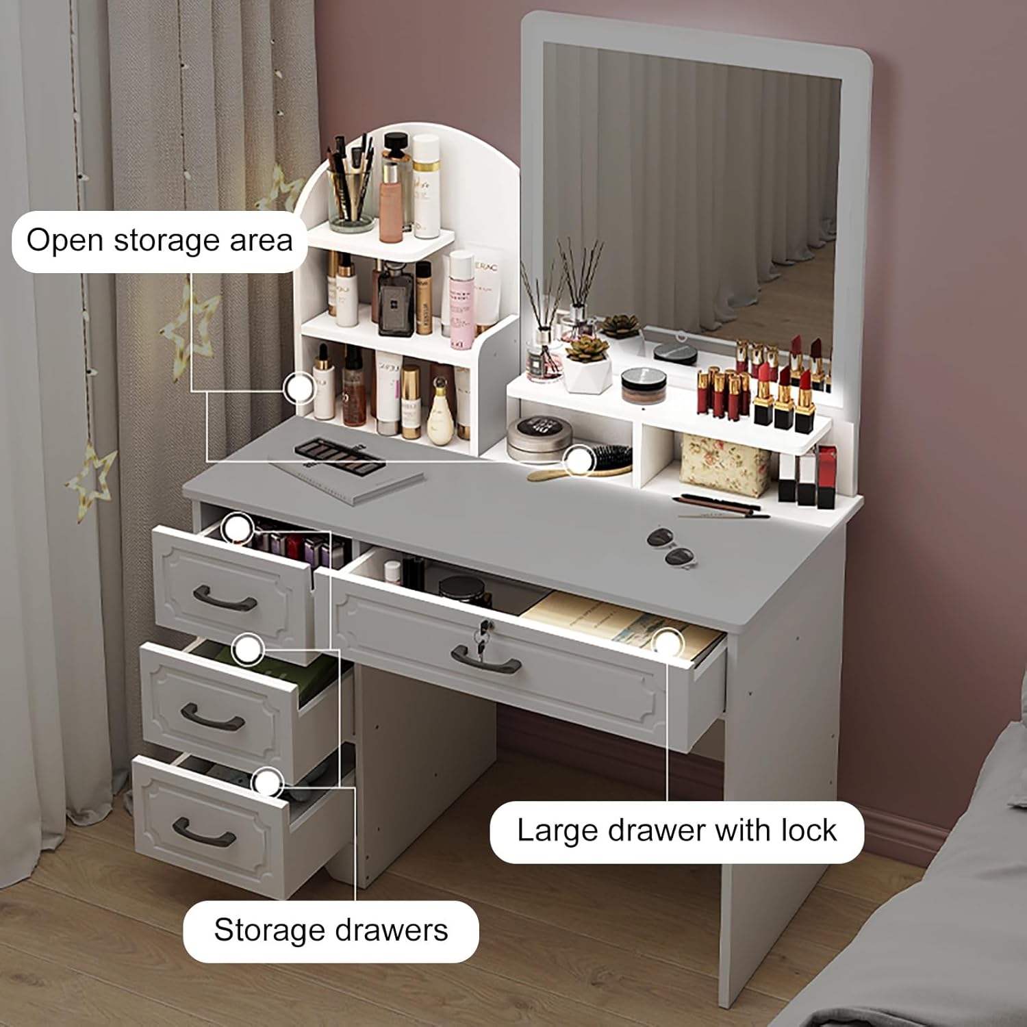 LHXLSH Vanity Desk Dressing Table Bedroom Vanity Table with Touch Screen LED Mirror and 6 Drawers Vanity Desk with Versatile Storage Options Dressing Table