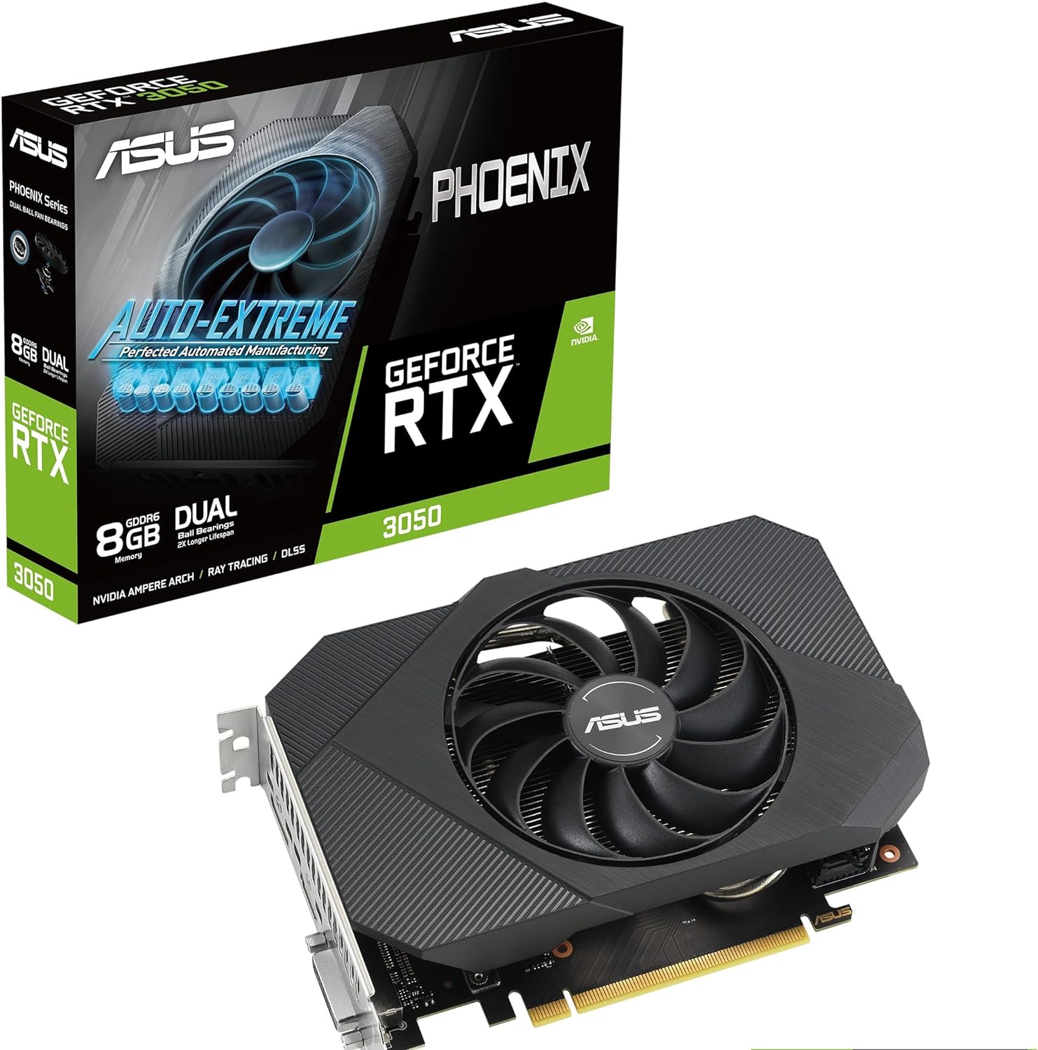 ASUS Dual NVIDIA GeForce RTX 3050 6GB OC Edition Gaming Graphics Card - PCIe 4.0, 6GB GDDR6 Memory, HDMI 2.1, DisplayPort 1.4a, 2-Slot Design, Axial-tech Fan Design, 0dB Technology, Steel Bracket