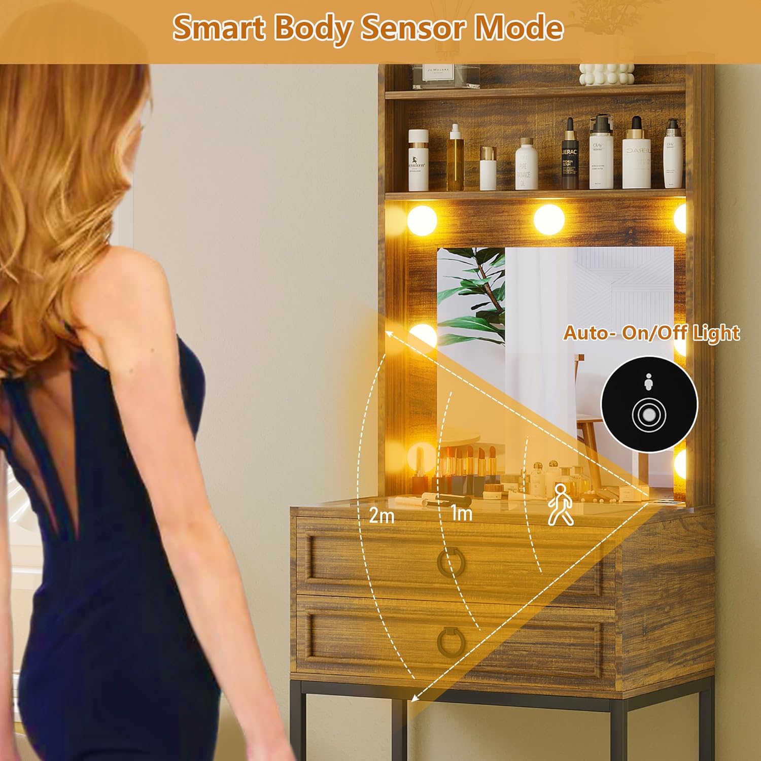 LVSOMT Small Makeup Vanity with Glass Top, White Vanity Desk with Lighted Mirror and Lights, Mini Makeup Table with Motion Sensor, Corner Dressing Table for Bedroom, Apartment