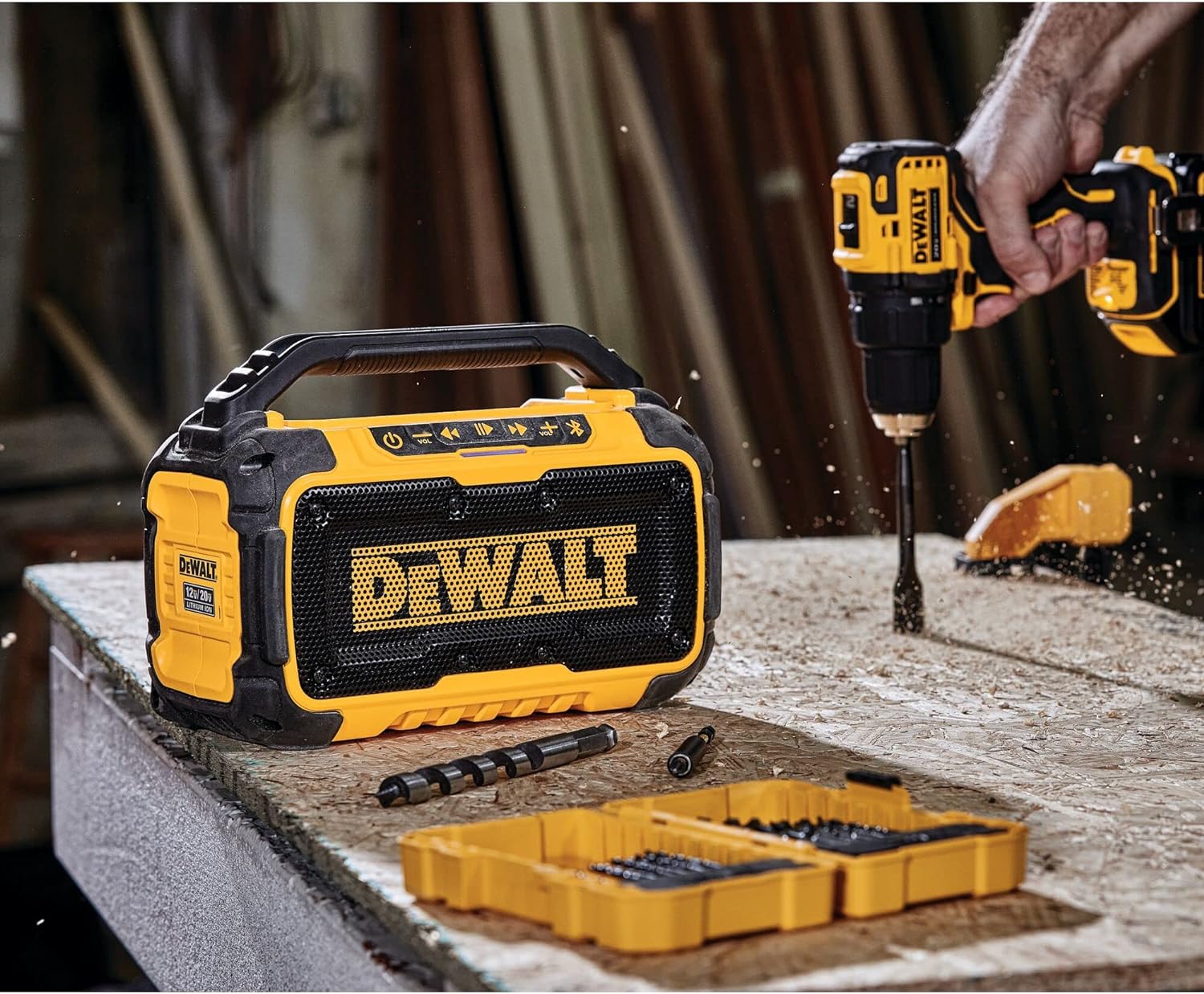 DEWALT 20V MAX Bluetooth Speaker, 100 ft Range, Durable for Jobsites, Phone Holder Included, Lasts 8-10 Hours with Single Charge (DCR010)