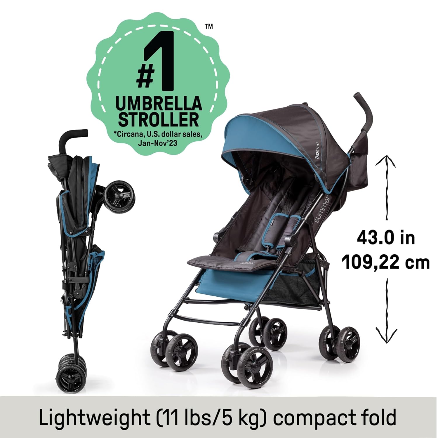 Summer by Ingenuity 3D Mini Convenience Stroller – Lightweight Stroller with Compact Fold, Multi-Position Recline, Canopy with Pop Out Sun Visor and More – Umbrella Stroller for Travel and More, Gray