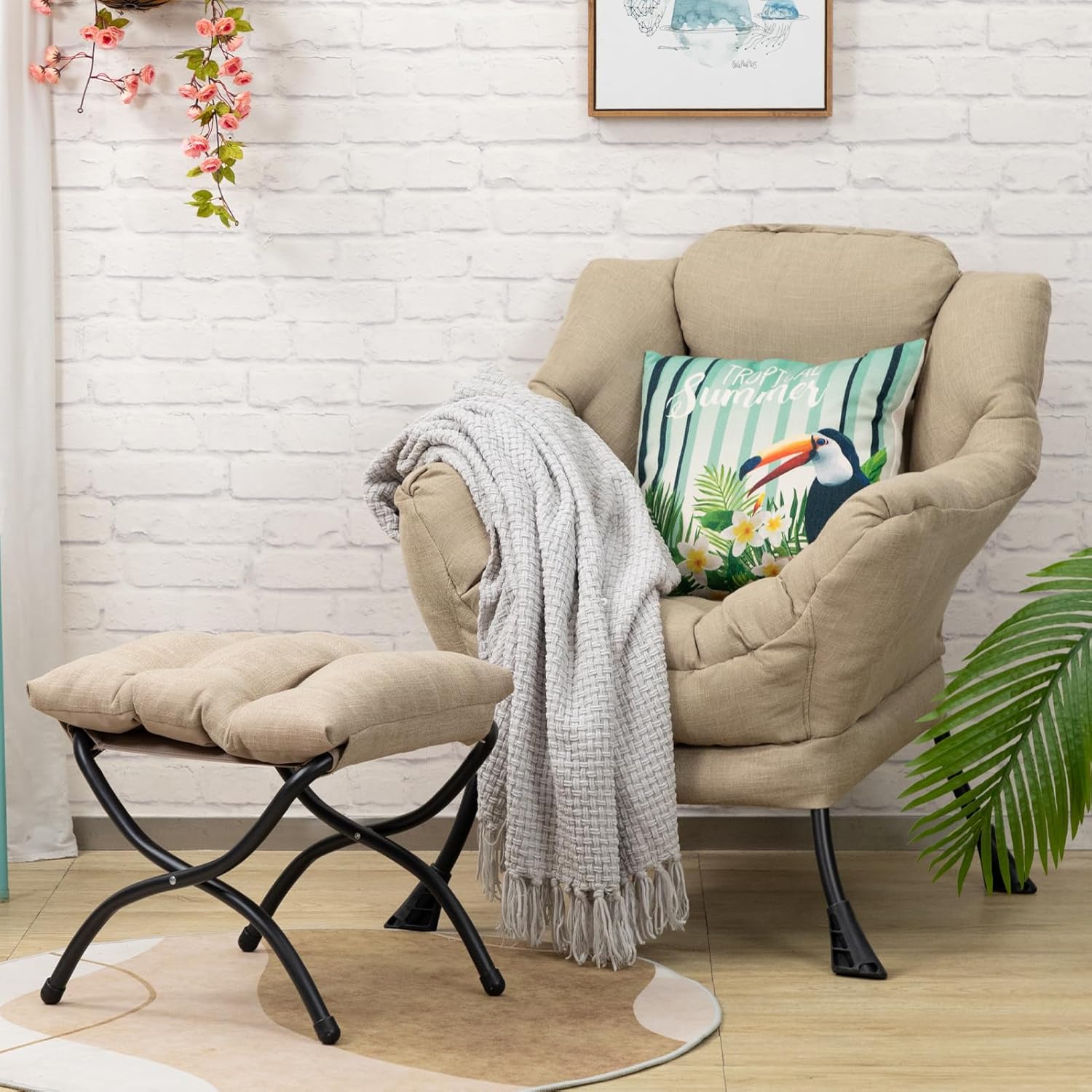 HollyHOME Modern Fabric Large Lazy Chair, Accent Oversized Comfy Reading Chair, Thick Padded Cozy Lounge Chair with Armrest, Single Steel Frame Leisure Sofa Chair for Living Room, Bedroom, Dorm, Grey