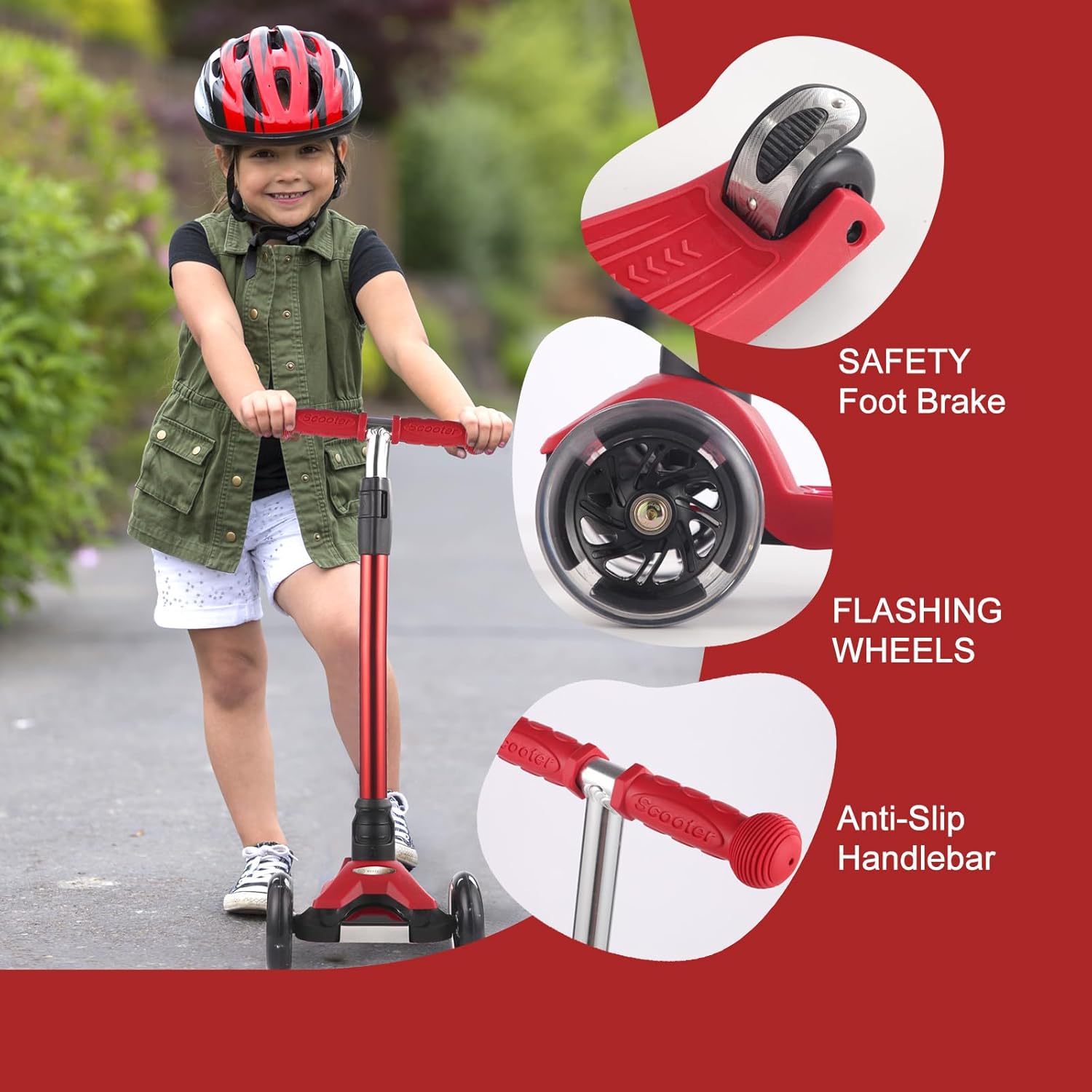 3 Wheel Scooter for Kids Ages 6-12,Kids Scooter with Light Up Wheels, Sturdy Deck Design, and 4 Height Adjustable Suitable for Kids Ages 3-12