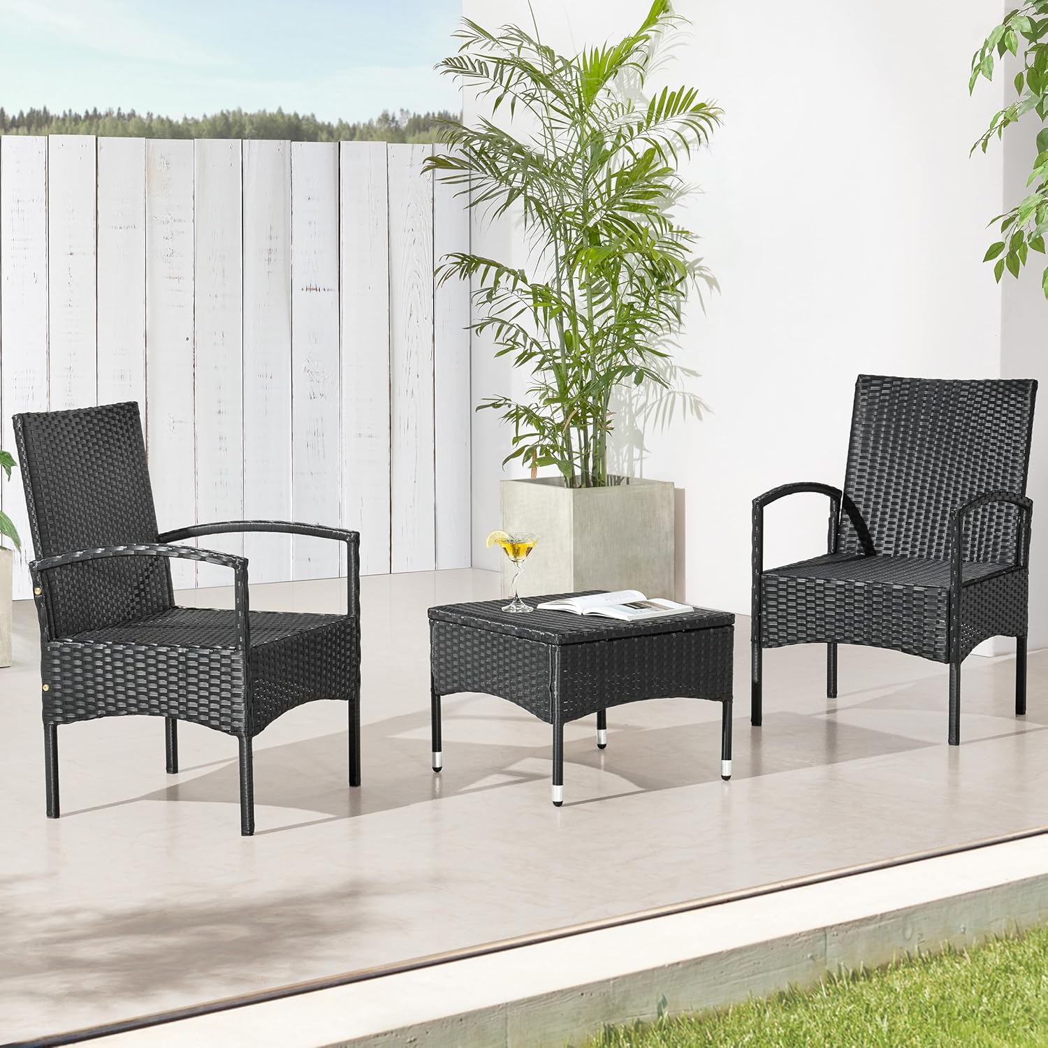 Lavish Home 4-Piece Patio Furniture Set - Rattan Outdoor Couch, 2 Patio Chairs, and Table Combo - Cushioned Deck, Pool, or Porch Furniture (Black)