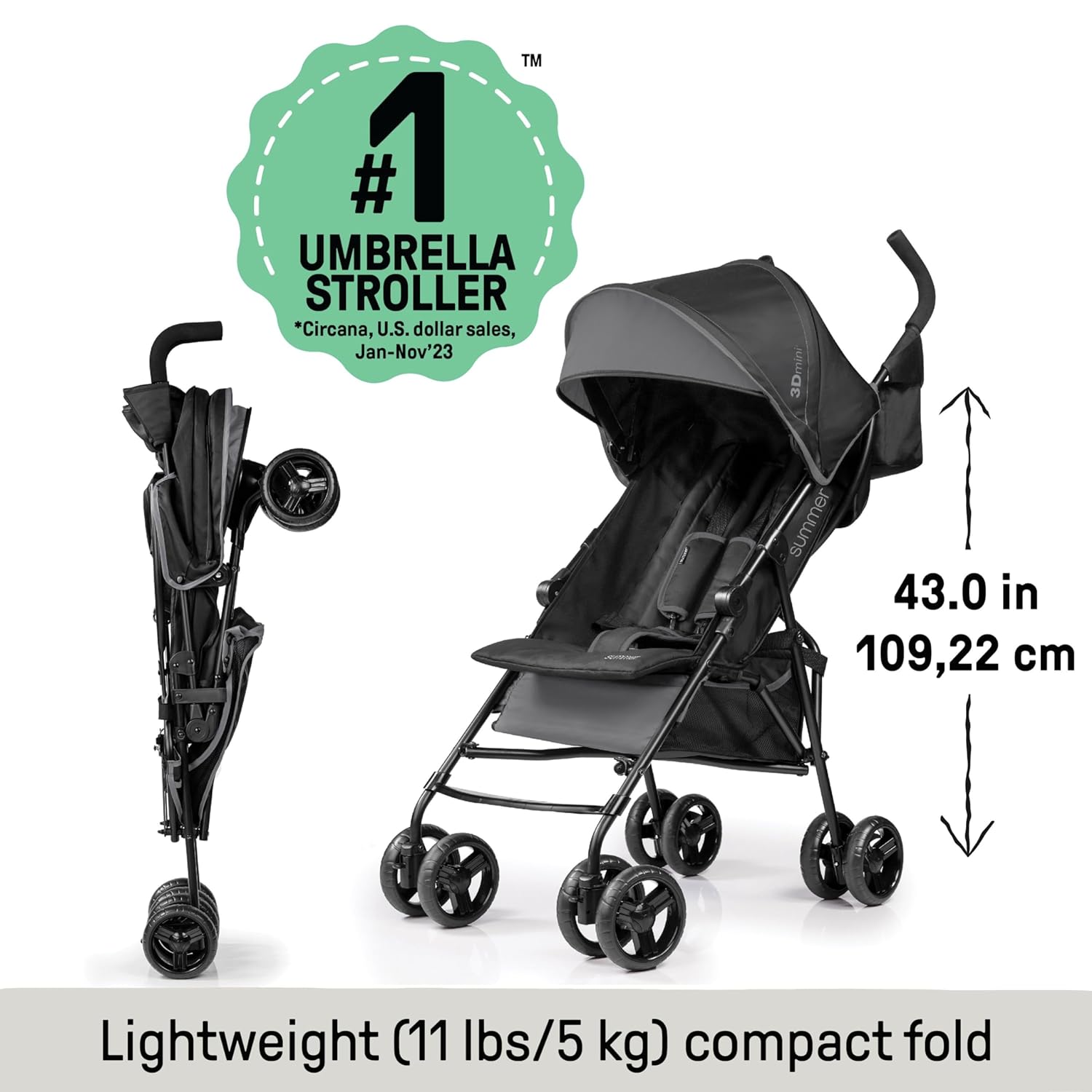 Summer by Ingenuity 3D Mini Convenience Stroller – Lightweight Stroller with Compact Fold, Multi-Position Recline, Canopy with Pop Out Sun Visor and More – Umbrella Stroller for Travel and More, Gray