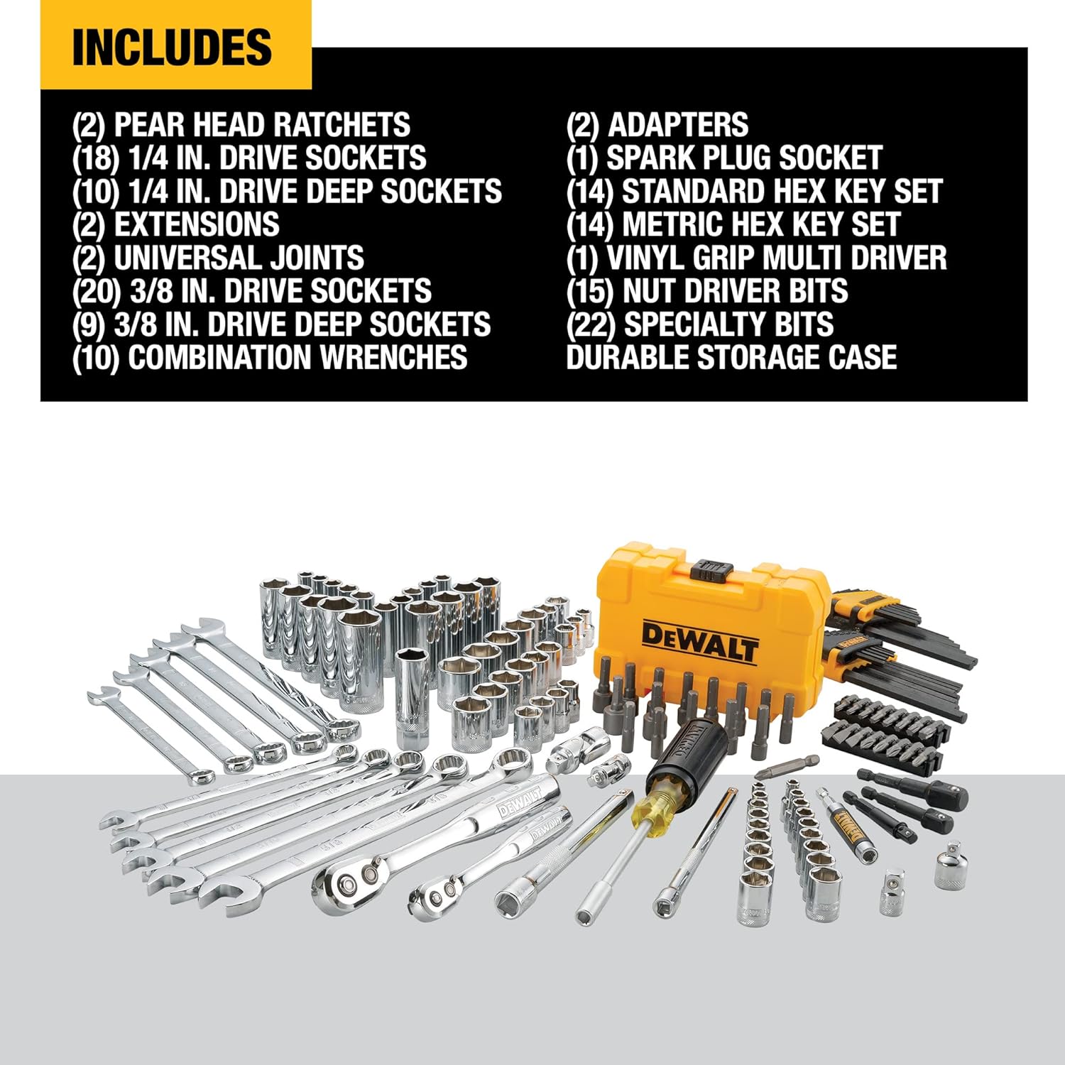 DEWALT Mechanics Tools Kit and Socket Set, 142-Piece, 1/4 & 3/8 Drive, MM/SAE (DWMT73802)