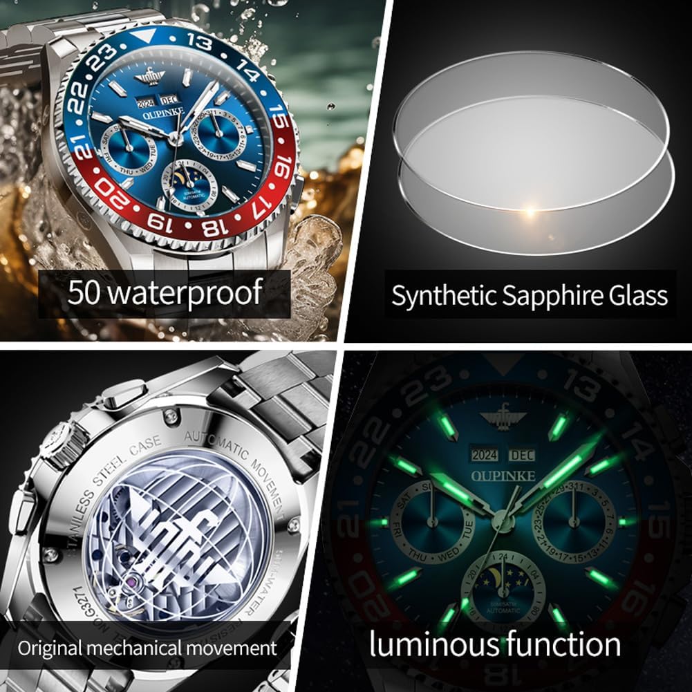 OUPINKE Men's Automatic Watch Self Winding Mechanical Luxury Wrist Watch Sapphire Crystal Tungsten Steel