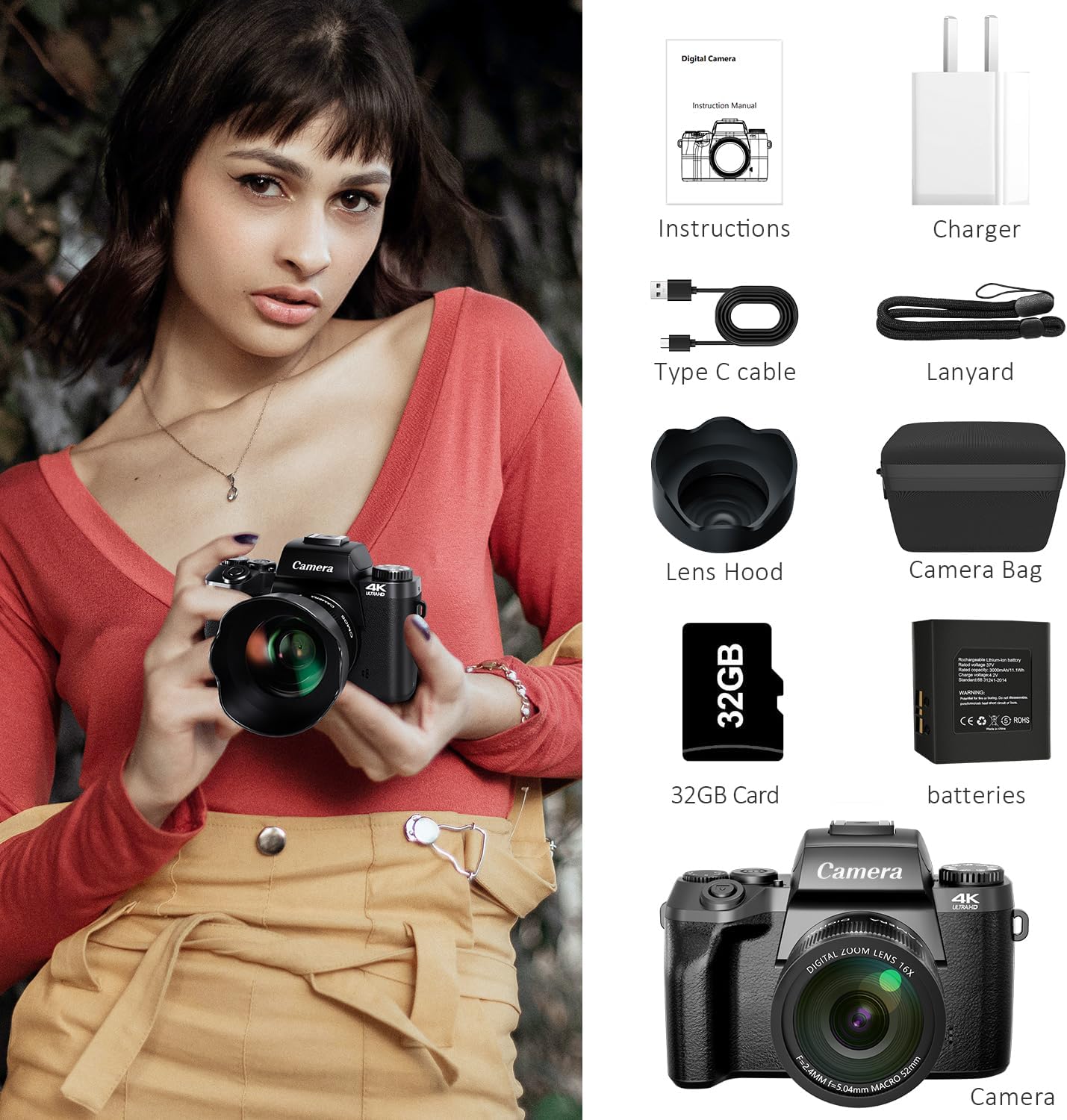 Saneen Digital Camera, 4k Cameras for Photography & Video, 64MP WiFi Touch Screen Vlogging Camera for YouTube with Flash, 32GB SD Card, Lens Hood, 3000mAH Battery, Front and Rear Cameras - Black