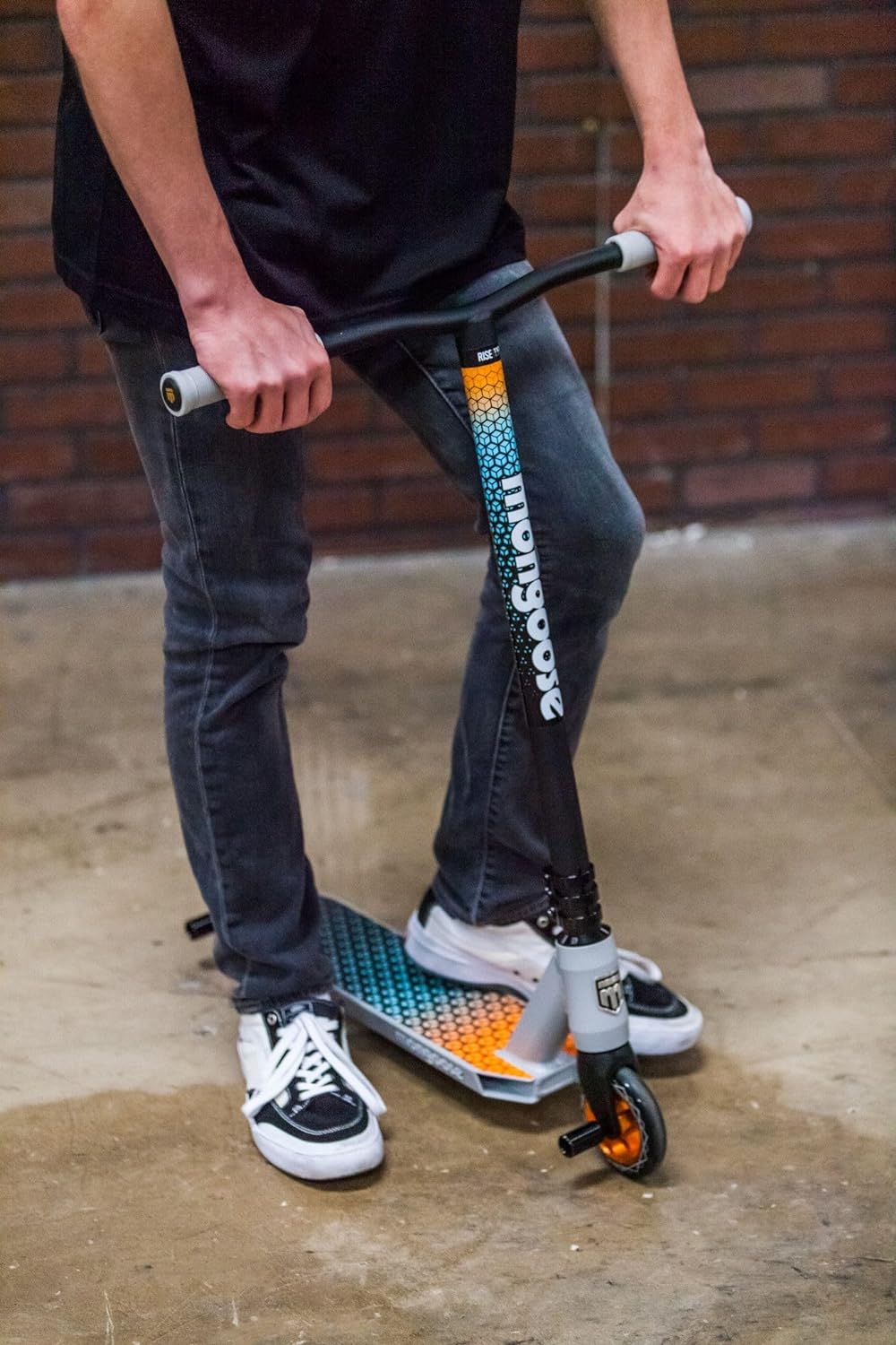 Mongoose Rise Freestyle Stunt Trick Scooter, For Kids Youth Adult Men Women Ages 8 Up, Lightweight Alloy Deck & Heavy-Duty Frame Up to 220 lbs., Bike-Style Grip, T-Bar Handlebar and High Impact Wheels