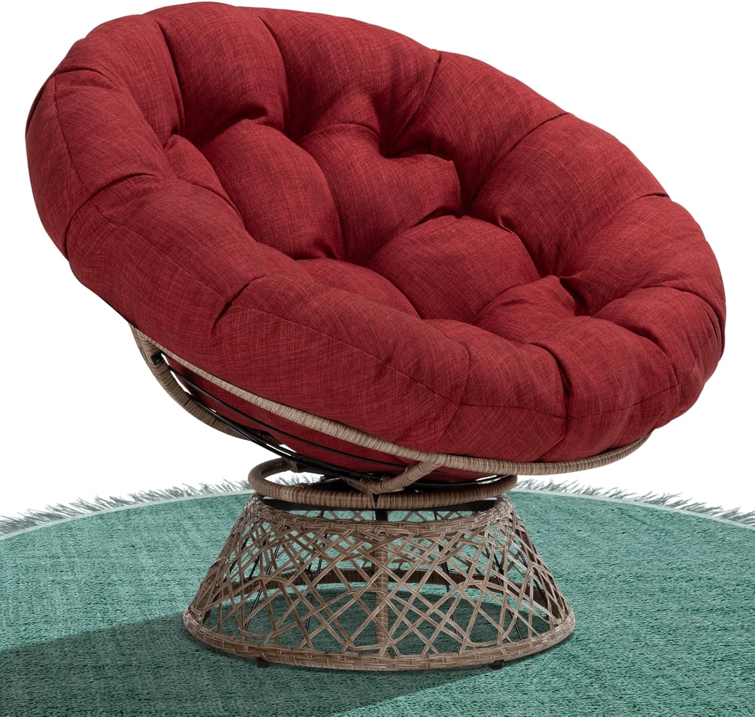 Bme 40 Ergonomic Wicker Papasan Chair with Soft Thick Density Fabric Cushion, High Capacity Steel Frame, 360 Degree Swivel for Living, Bedroom, Reading Room, Lounge, Cherry Sangria-Brown Base