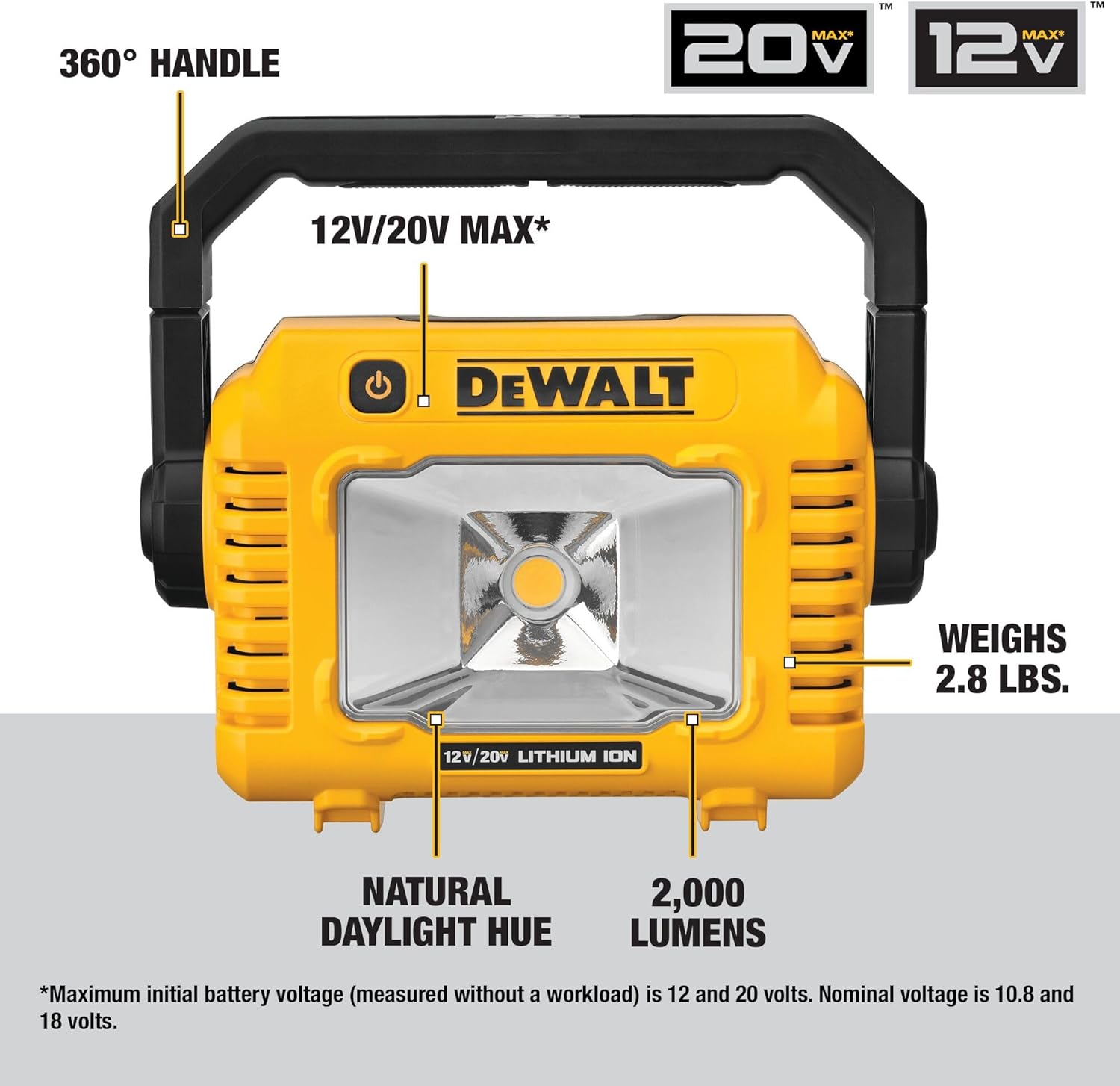 DEWALT 12V/20V MAX LED Work Light, Compact with 360 Degree Rotating Handle, 2000 Lumens of Brightness, Cordless, Bare Tool Only (DCL077B)