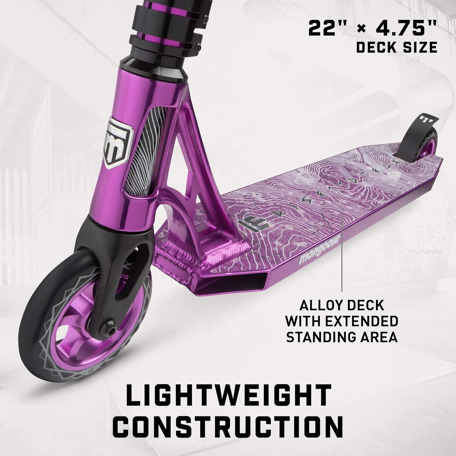 Mongoose Rise Freestyle Stunt Trick Scooter, For Kids Youth Adult Men Women Ages 8 Up, Lightweight Alloy Deck & Heavy-Duty Frame Up to 220 lbs., Bike-Style Grip, T-Bar Handlebar and High Impact Wheels