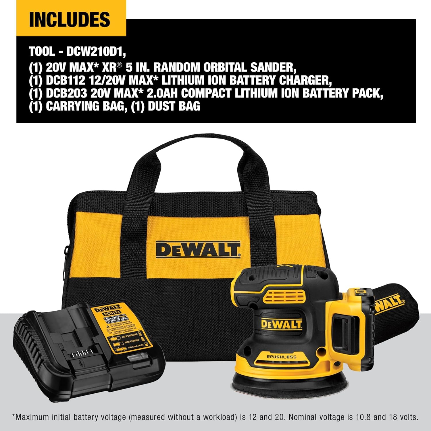 DEWALT 20V MAX Sander, Cordless, 5-Inch, 2.Ah, 8,000-12,000 OPM, Variable Speed Dial, Storage Bag, Battery and Charger Included (DCW210D1)