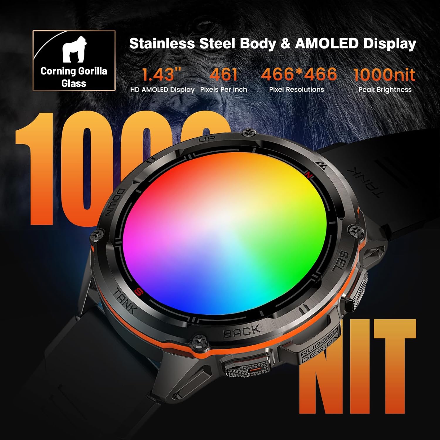 AMAZTIM GPS Smart Watch for Men, 6 Satellite Positioning, Compass, Stainless Steel Body, 50M Waterproof, 480mAh Extra-Large Battery, Answer/Make Call, 1.43 AMOLED Screen, Compatible for Android iOS