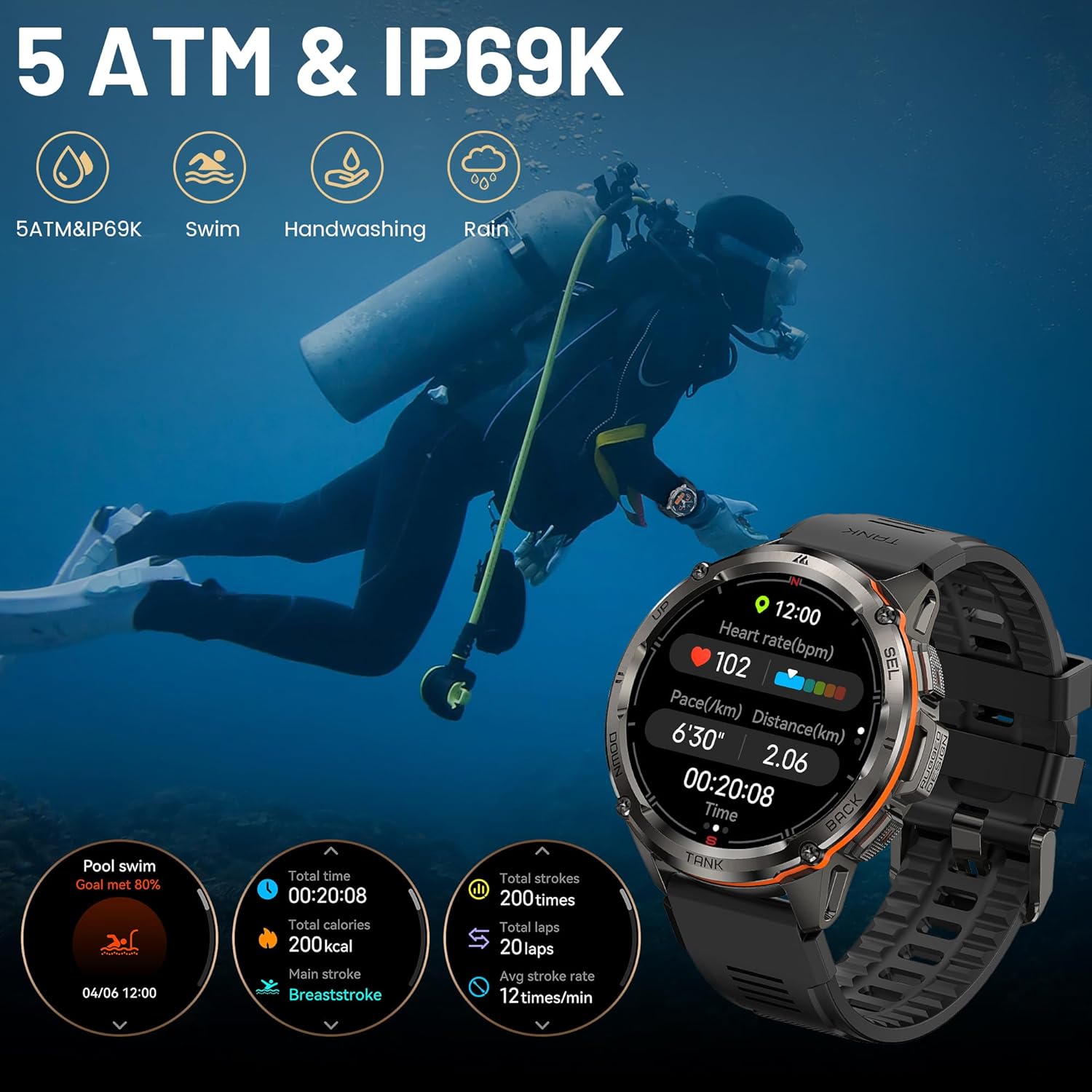 AMAZTIM GPS Smart Watch for Men, 6 Satellite Positioning, Compass, Stainless Steel Body, 50M Waterproof, 480mAh Extra-Large Battery, Answer/Make Call, 1.43 AMOLED Screen, Compatible for Android iOS