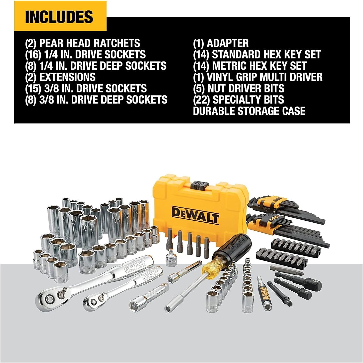 DEWALT Mechanics Tools Kit and Socket Set, 142-Piece, 1/4 & 3/8 Drive, MM/SAE (DWMT73802)