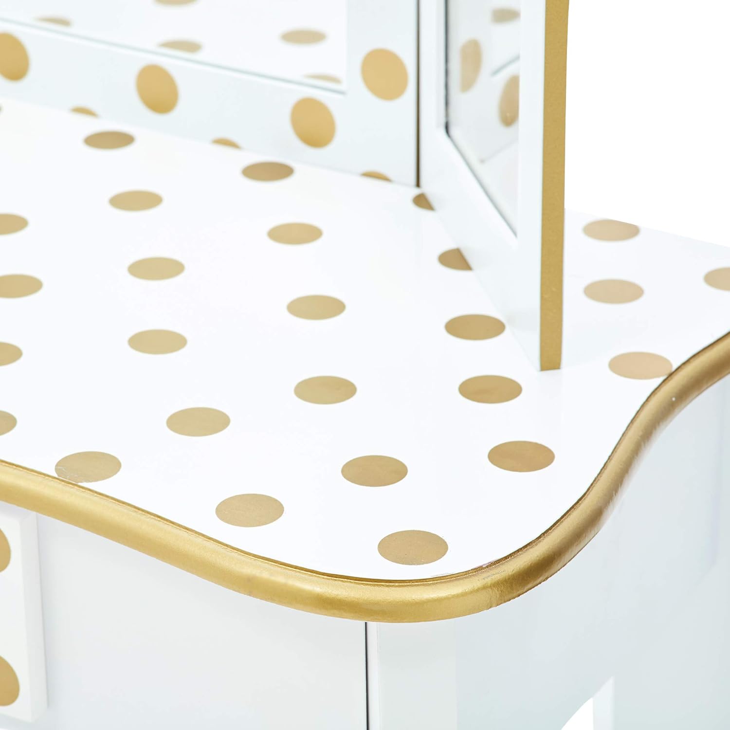 Teamson Kids Pretend Play Kids Vanity, Table & Chair Vanity Set with Mirror, Girls Makeup Dressing Table with Storage Drawer & Polka Dot Print, Gisele Collection, Pink/Gold