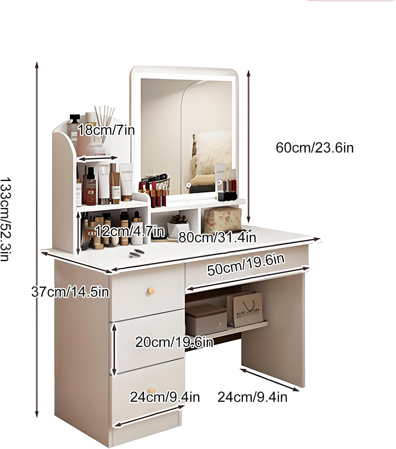 LHXLSH Vanity Desk Dressing Table Bedroom Vanity Table with Touch Screen LED Mirror and 6 Drawers Vanity Desk with Versatile Storage Options Dressing Table