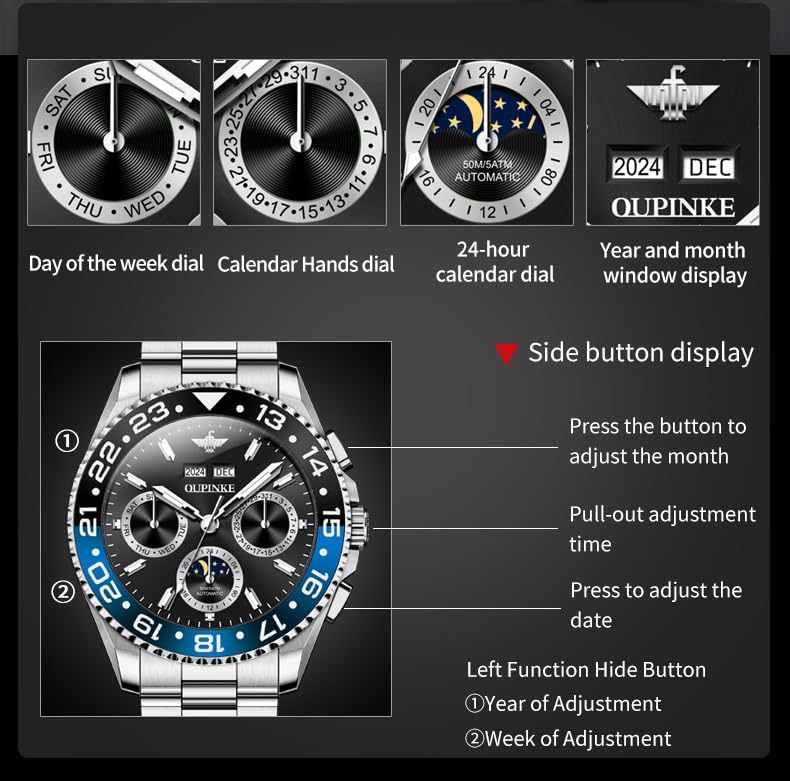 OUPINKE Men's Automatic Watch Self Winding Mechanical Luxury Wrist Watch Sapphire Crystal Tungsten Steel