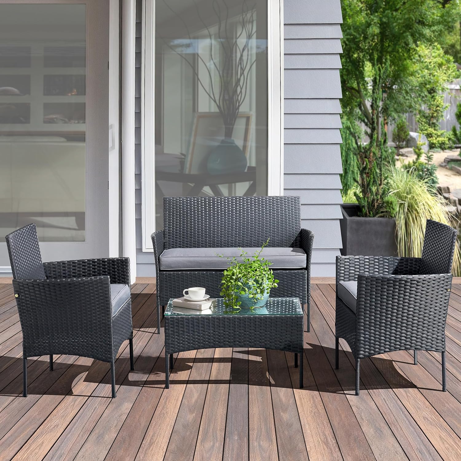 Lavish Home 4-Piece Patio Furniture Set - Rattan Outdoor Couch, 2 Patio Chairs, and Table Combo - Cushioned Deck, Pool, or Porch Furniture (Black)