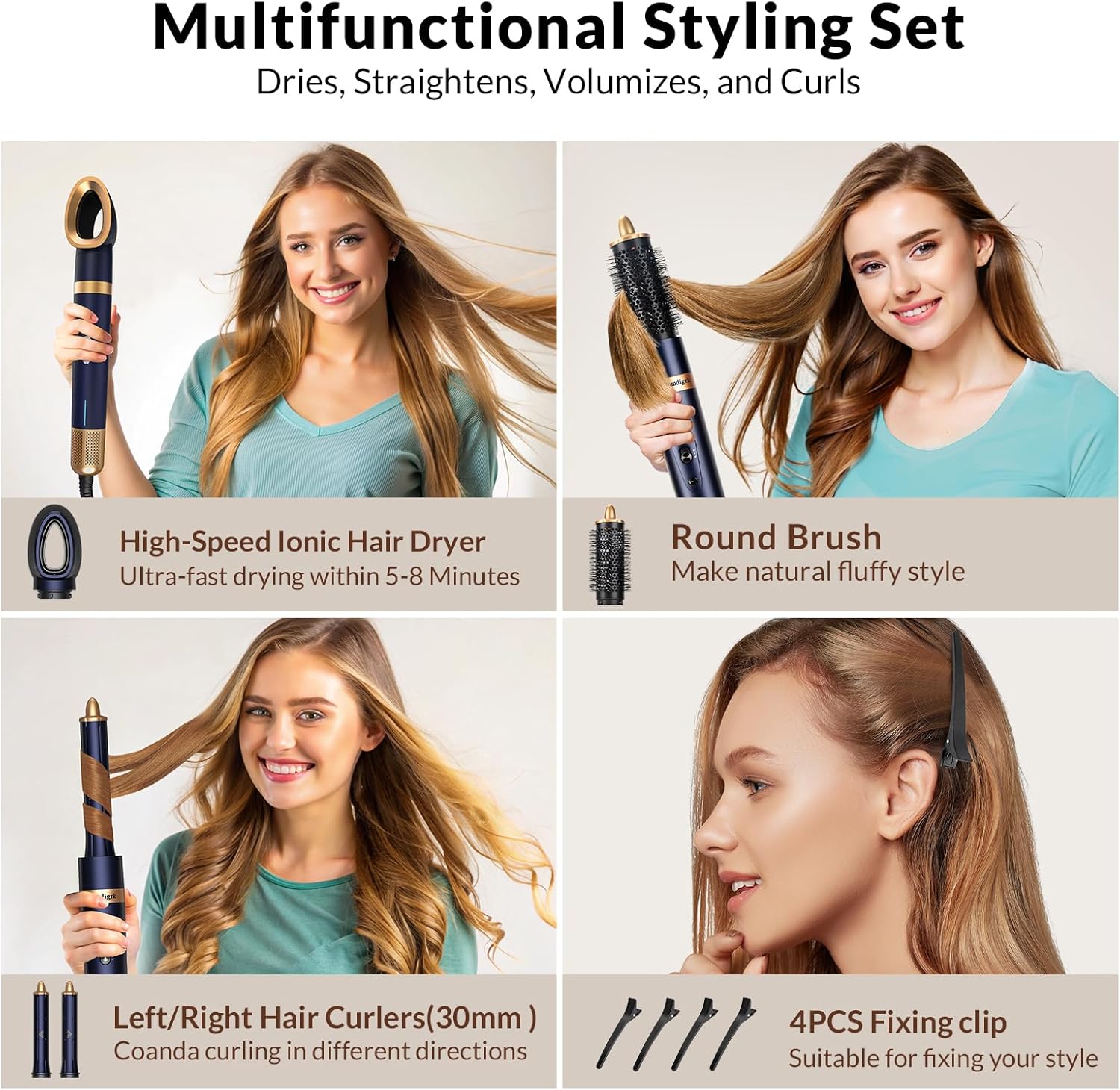 Homdigrk 6 in 1 Professional Hot Air Styler, Ionic Hair Dryer&Curling Iron Set, Combines Drying, Smoothing, Curling, and Volumizing in one, Including Travel Storage Case - Prussian Blue